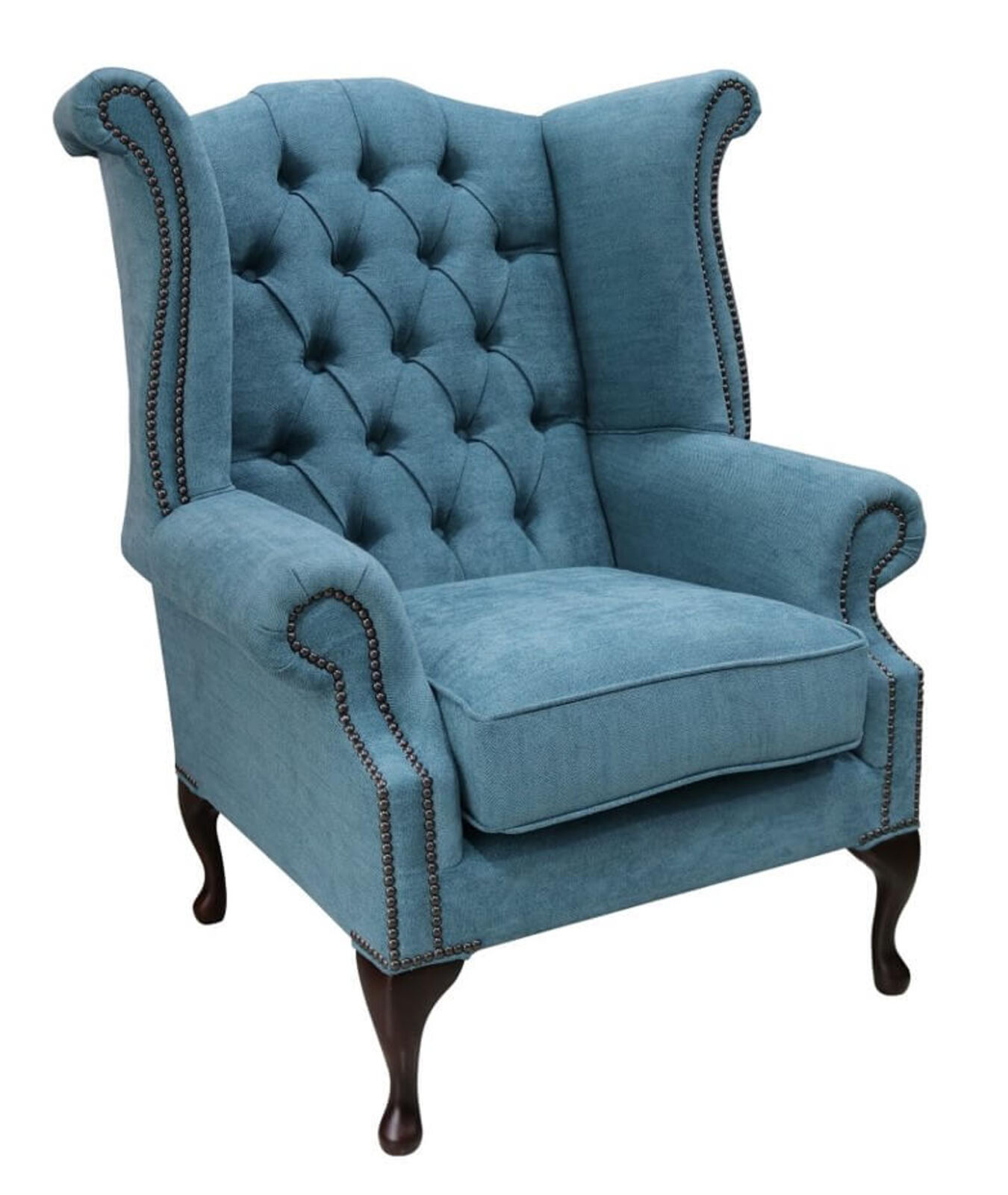 Product photograph of Chesterfield Queen Anne High Back Wing Chair Marinello Kingfisher Fabric from Designer Sofas 4U