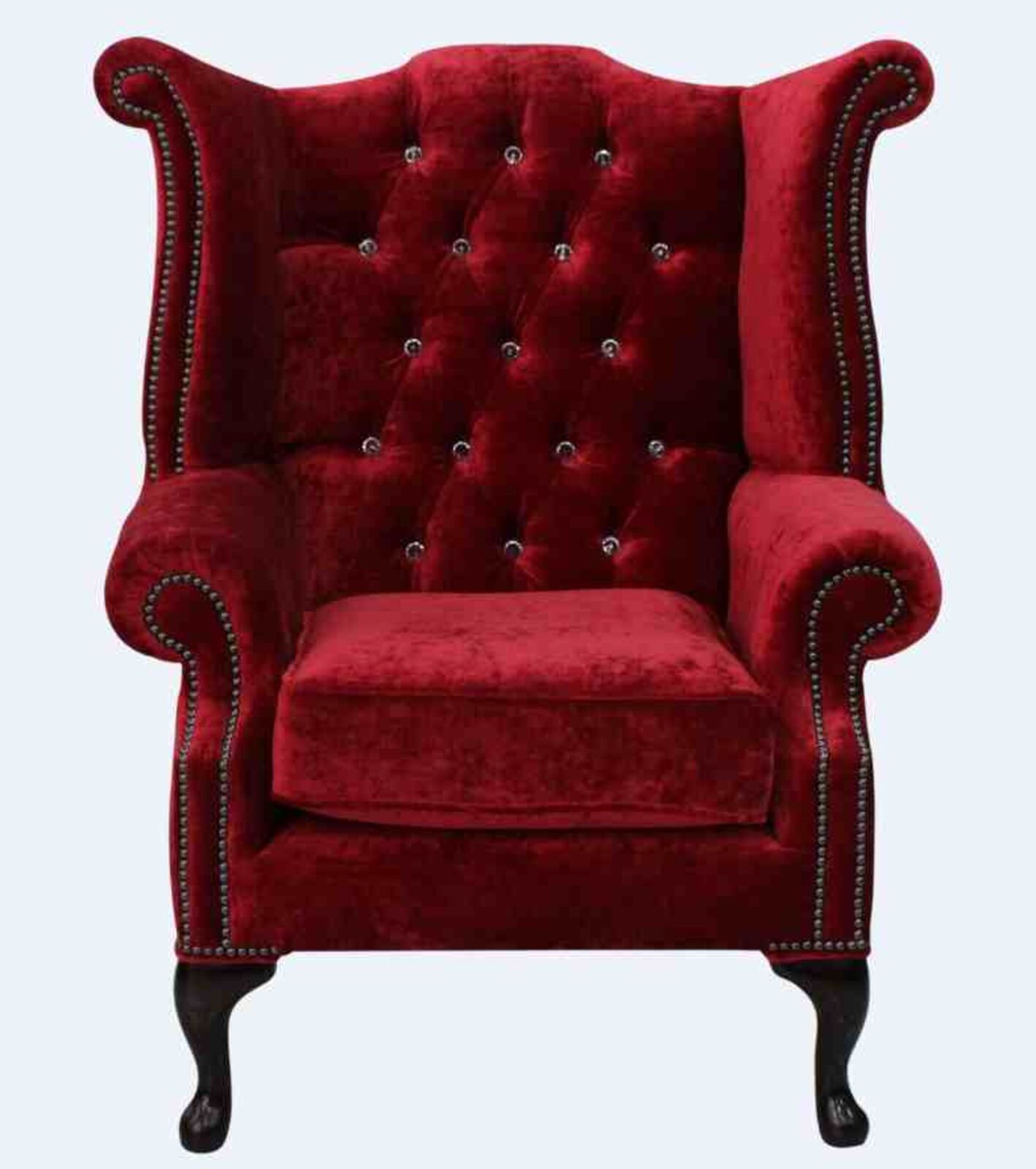 Product photograph of Chesterfield Crystal Queen Anne High Back Wing Chair Modena Pillarbox Red Velvet from Designer Sofas 4U