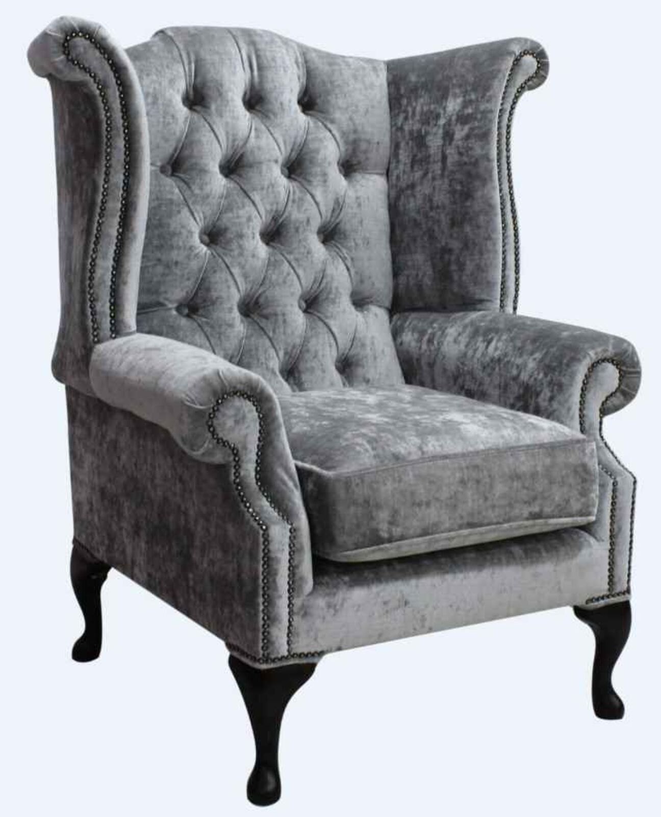 Product photograph of Chesterfield Queen Anne High Back Wing Chair Modena Silver Velvet In Stock from Designer Sofas 4U