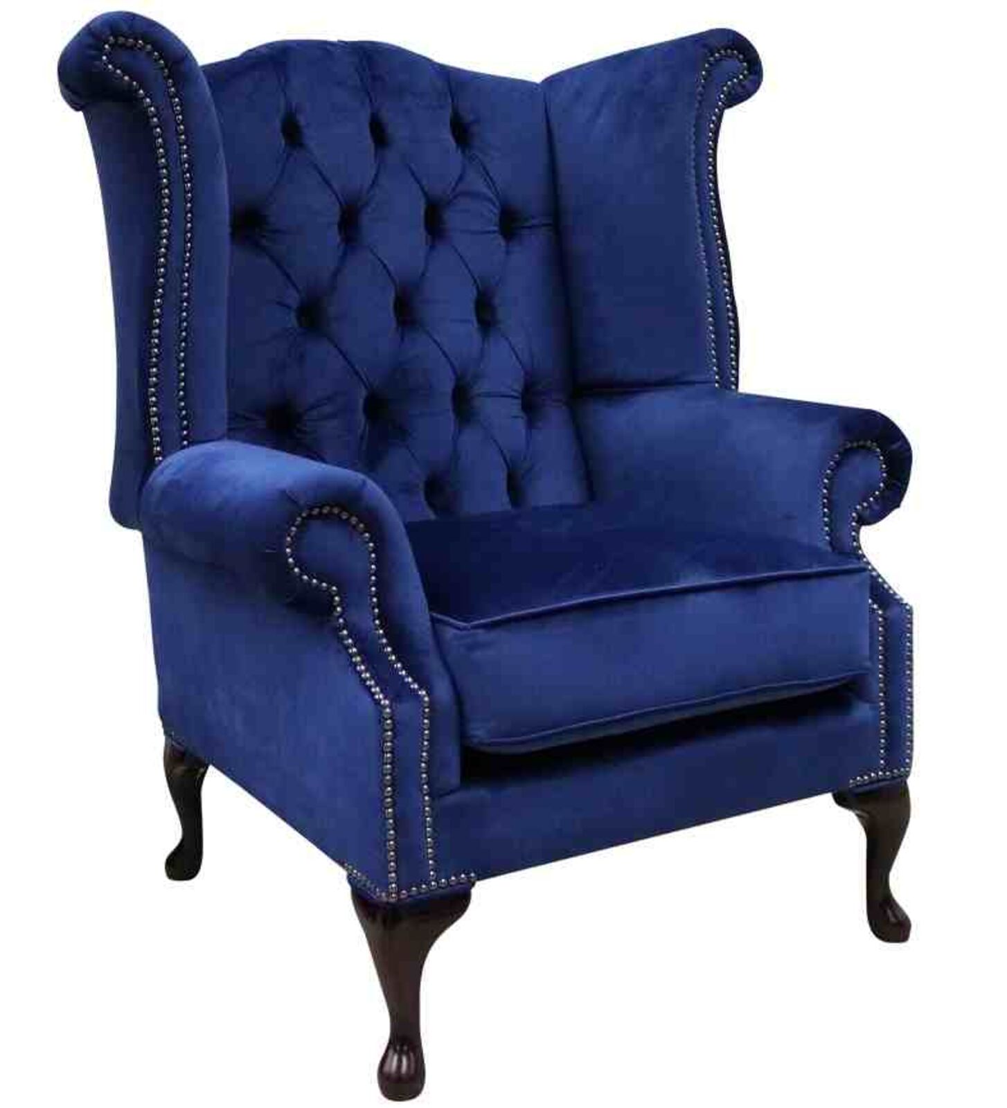 Product photograph of Chesterfield Queen Anne High Back Wing Chair Monaco Royal Blue Velvet from Designer Sofas 4U