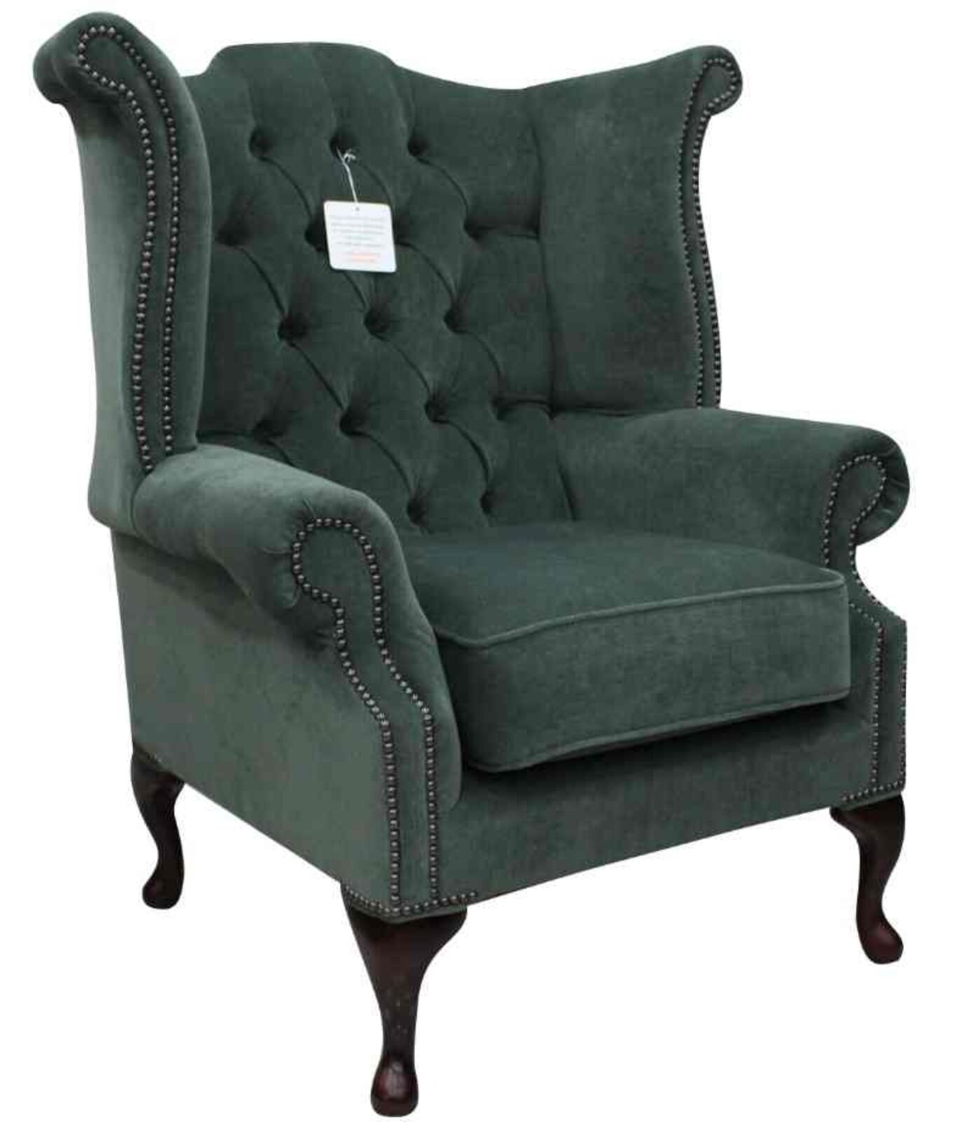 Product photograph of Chesterfield Fabric Queen Anne High Back Wing Chair Pimlico Ocean Green from Designer Sofas 4U