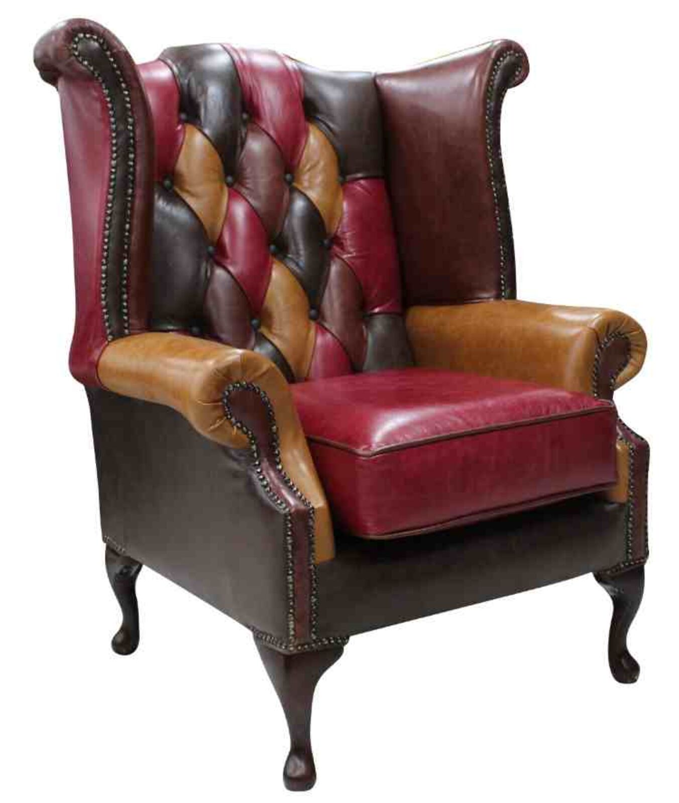 Product photograph of Chesterfield Patchwork Queen Anne Wing Chair Old English Real Leather from Designer Sofas 4U
