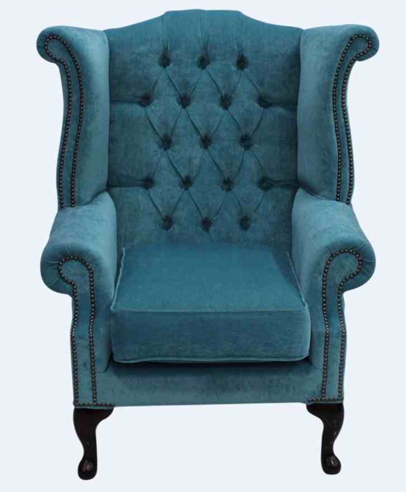Product photograph of Chesterfield Genuine Queen Anne High Back Chair Pimlico Teal Blue Velvet from Designer Sofas 4U