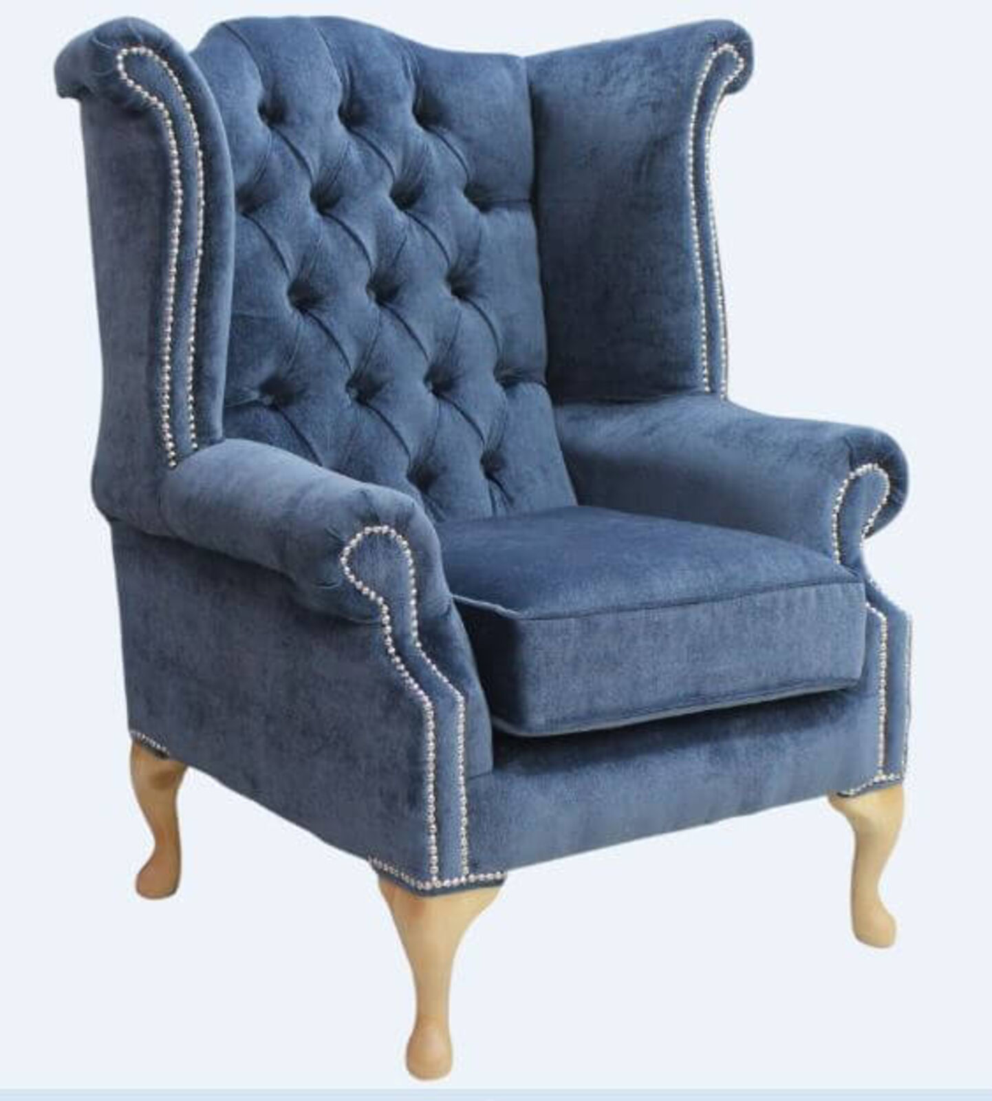 Product photograph of Chesterfield Queen Anne High Back Wing Chair Velluto Blue Fabric Yew Feet from Designer Sofas 4U