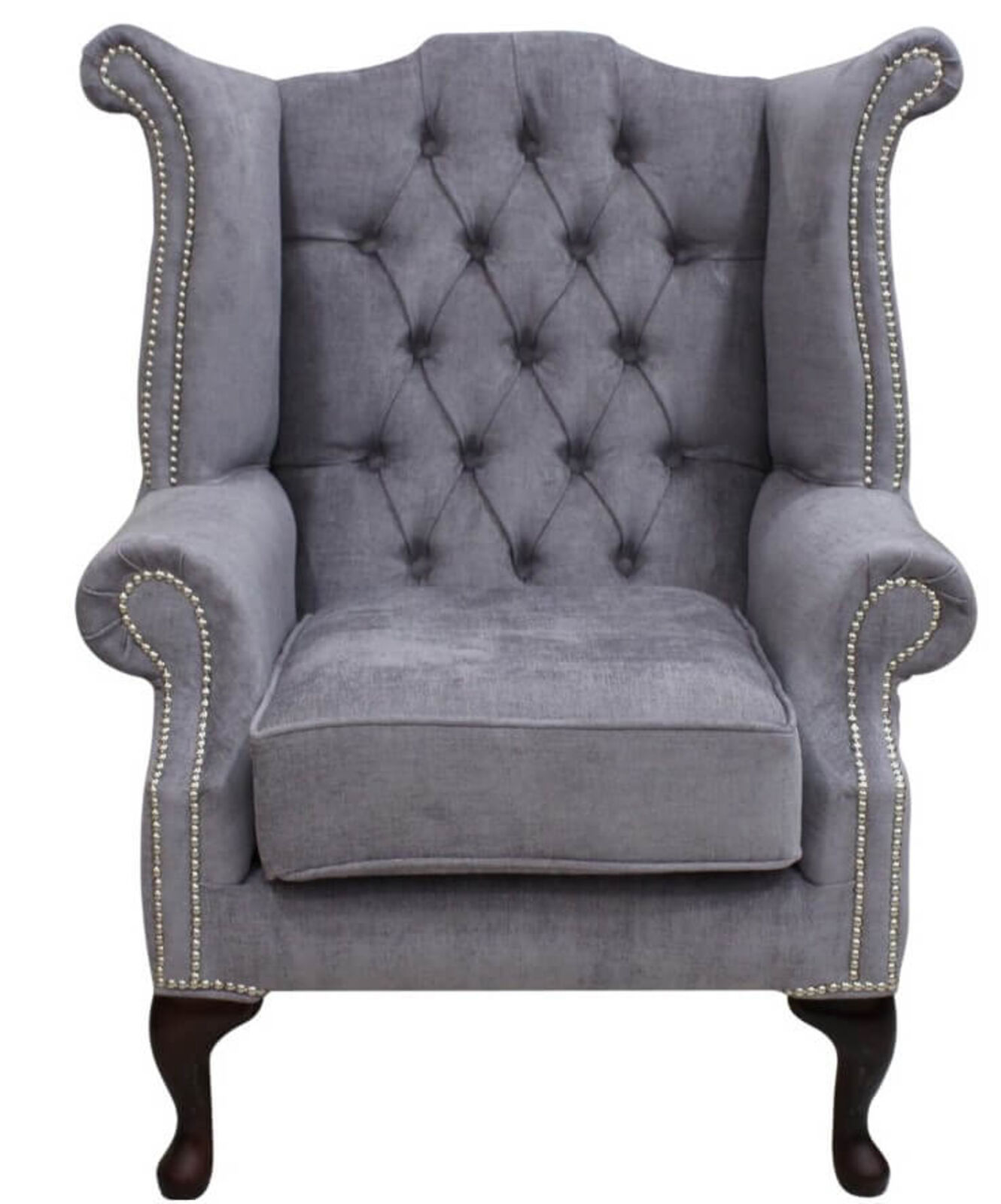 Product photograph of Grey Fabric Chesterfield High Back Chair Silver Studs Designersofas4u from Designer Sofas 4U