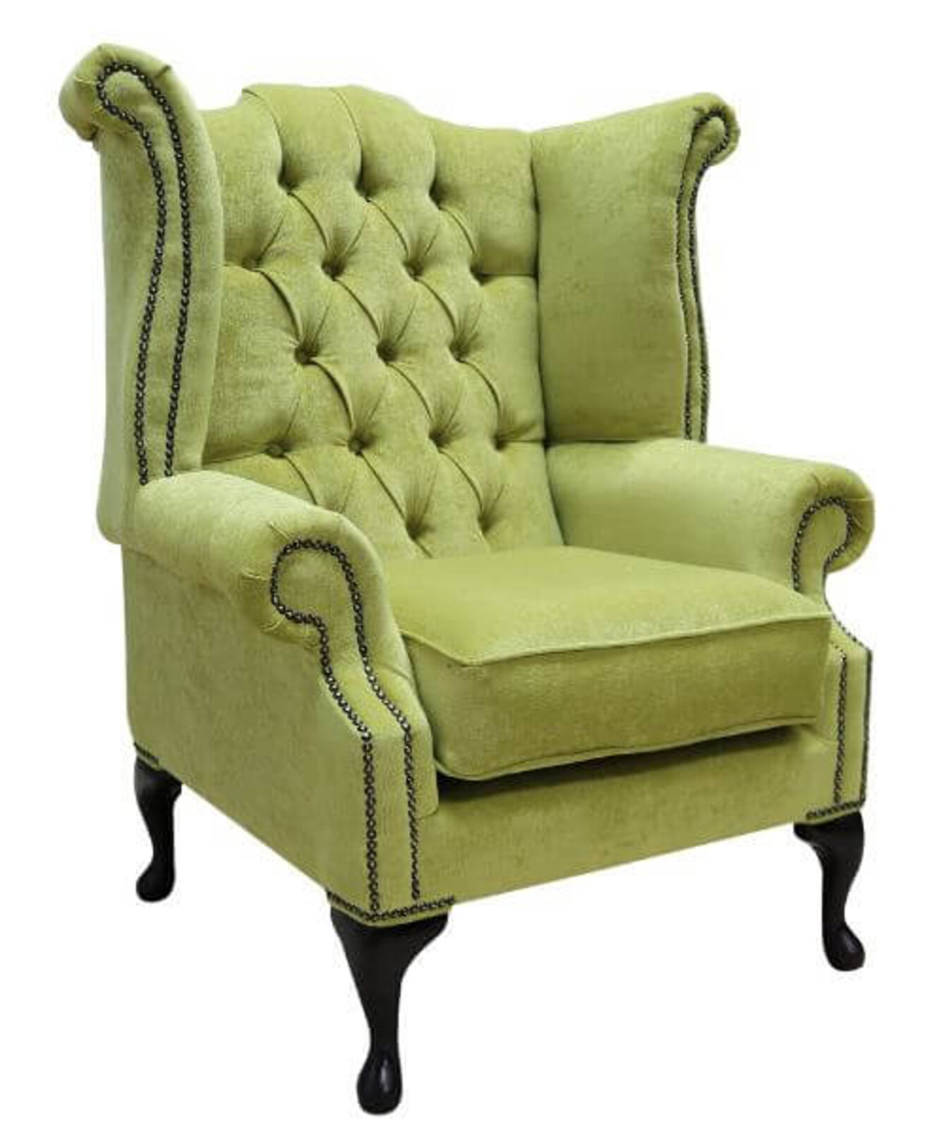 Product photograph of Chesterfield Fabric Queen Anne High Back Wing Chair Pimlico Zest Green from Designer Sofas 4U