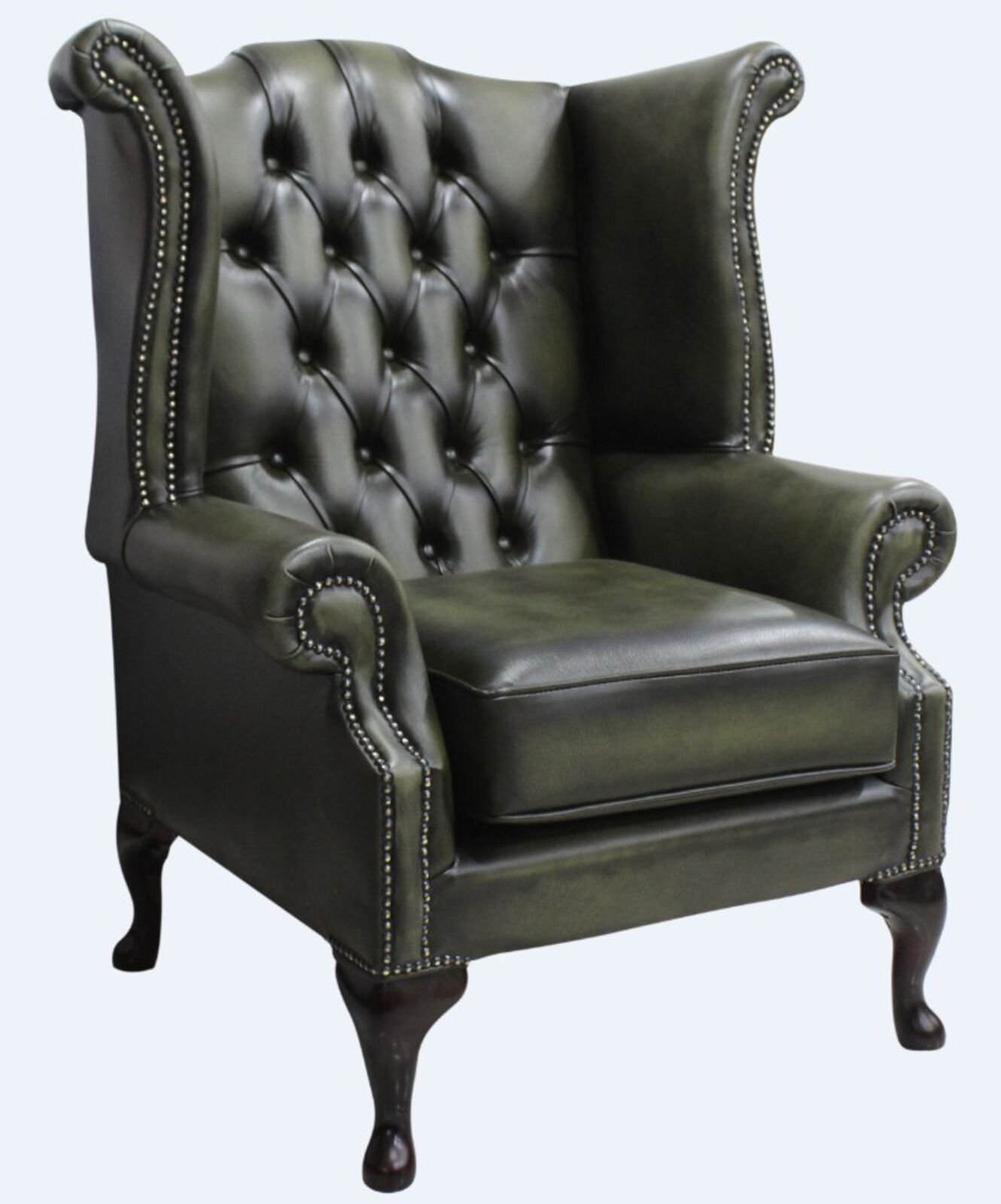 Product photograph of Chesterfield Queen Anne High Back Wing Chair Antique Olive Leather from Designer Sofas 4U