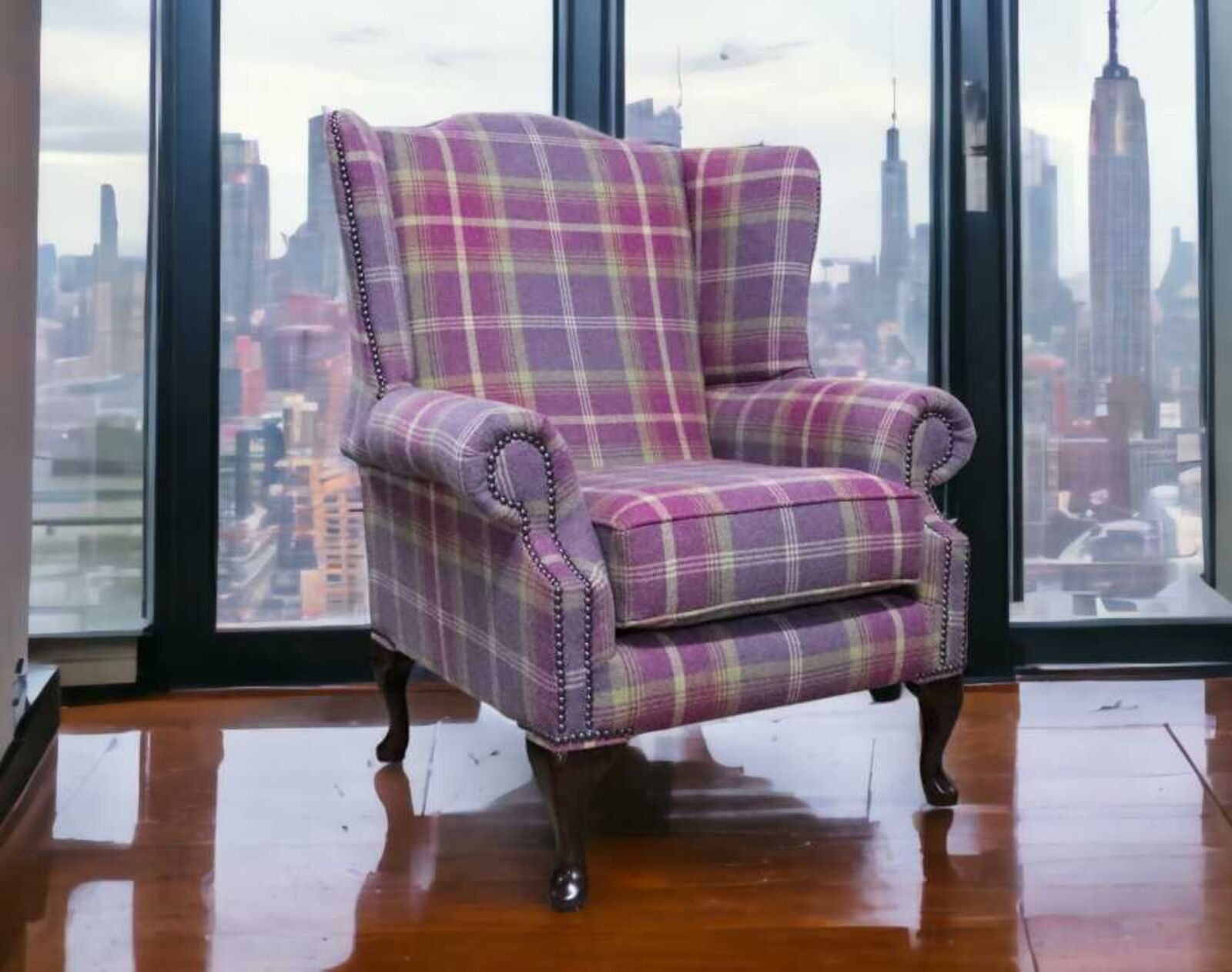 Product photograph of Chesterfield Saxon Mallory High Back Wing Chair Balmoral Amethyst Check P Amp S Fabric from Designer Sofas 4U