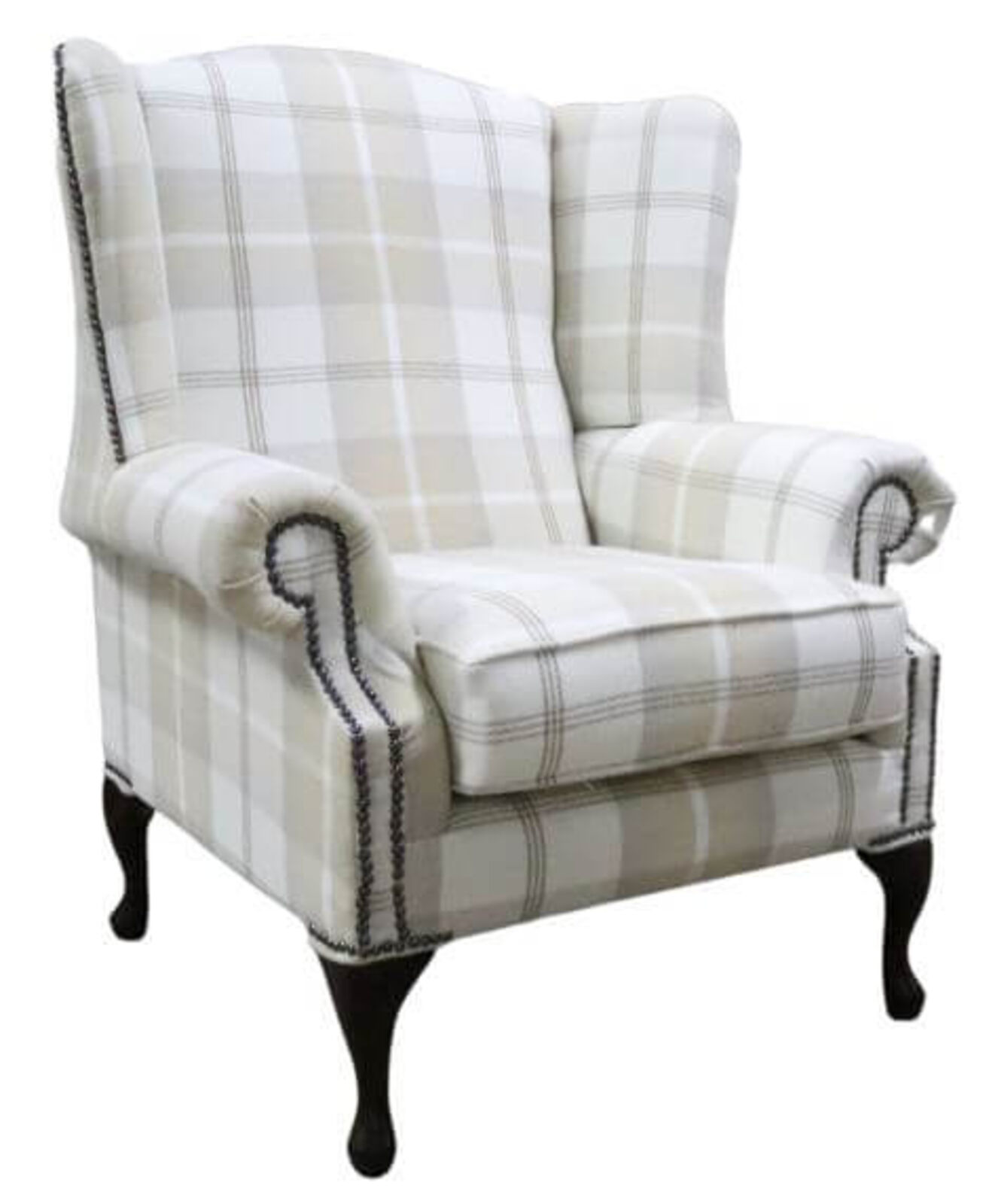 Product photograph of Chesterfield Saxon Mallory High Back Wing Chair Balmoral Natural Check P Amp S Fabric from Designer Sofas 4U