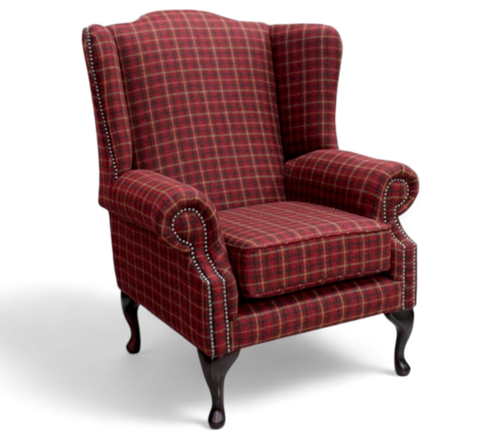 Product photograph of Chesterfield Saxon Mallory Wool Wing Chair Fireside High Back Armchair Balmoral Claret Check Tweed from Designer Sofas 4U