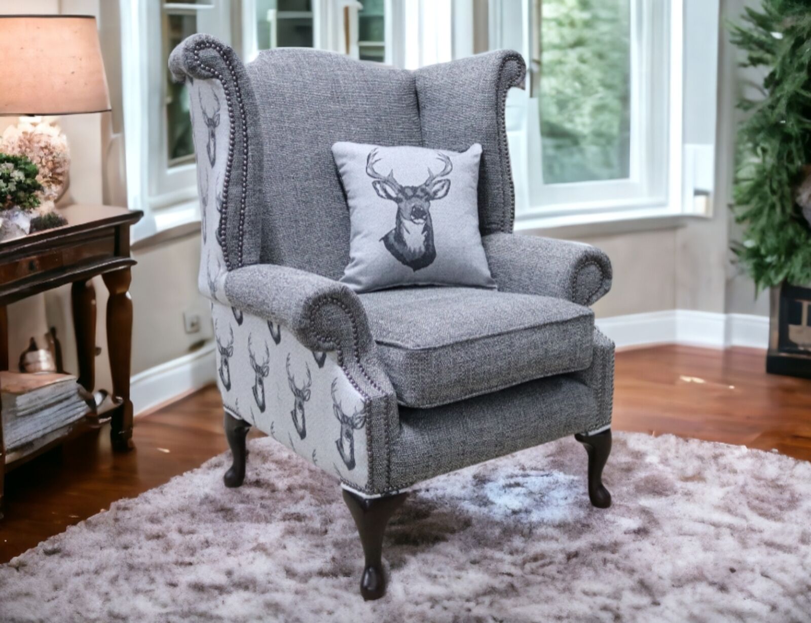Product photograph of Chesterfield Saxon Queen Anne High Back Wing Chair Antler Stag Charcoal Grey Fabric from Designer Sofas 4U