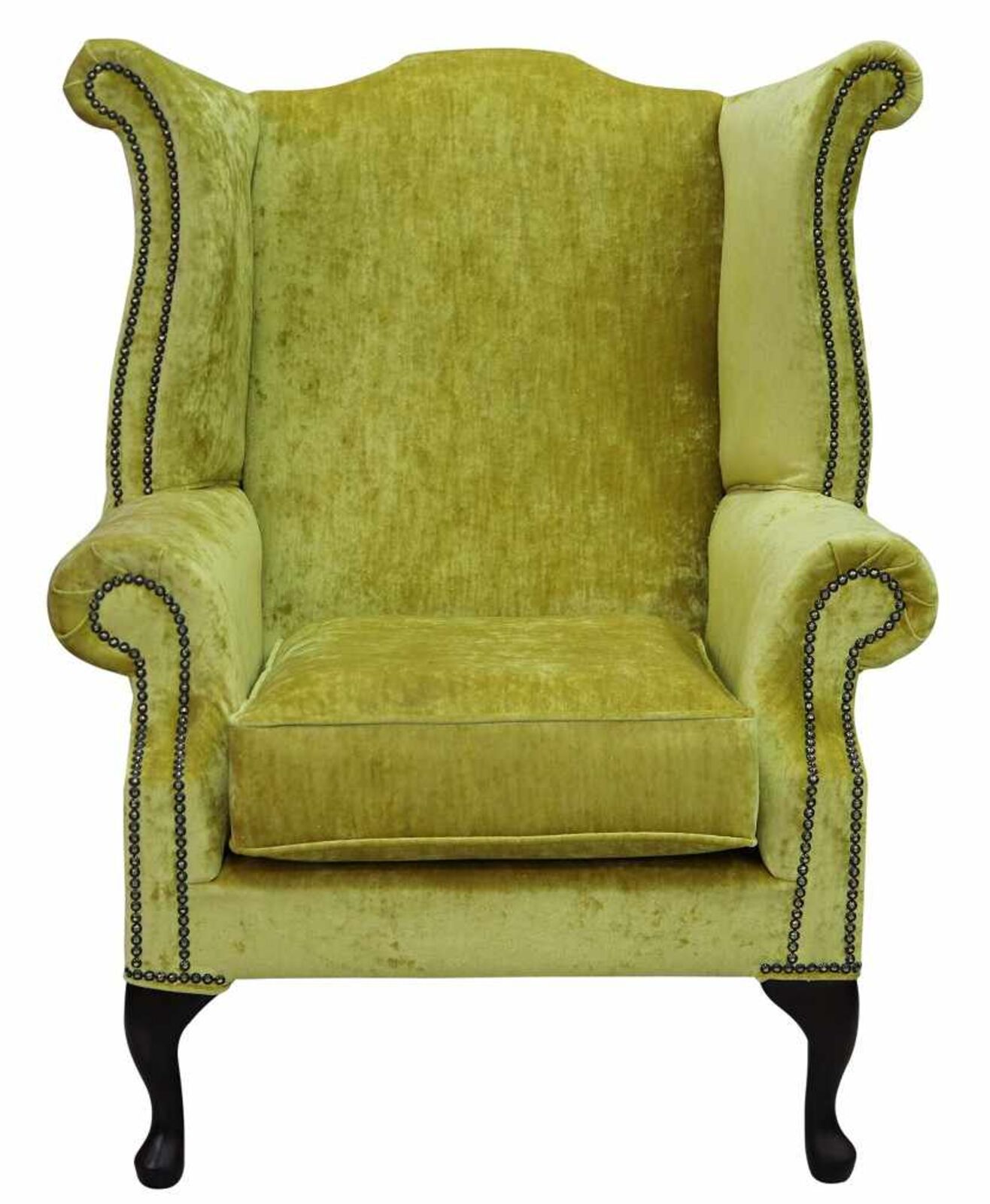 Product photograph of Chesterfield Saxon Queen Anne High Back Wing Chair Modena Mustard Velvet from Designer Sofas 4U