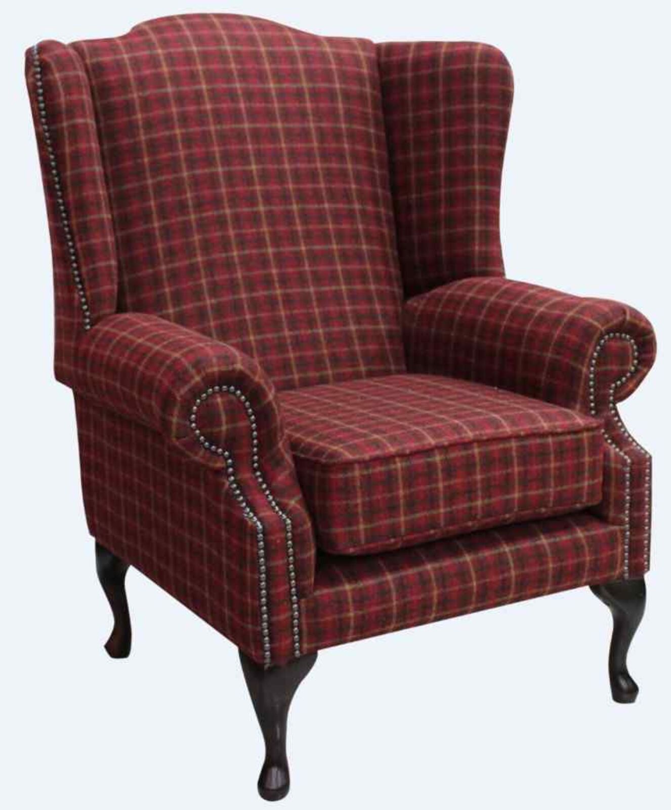 Product photograph of Chesterfield Saxon Mallory Wool Wing Chair Fireside High Back Armchair Balmoral Claret Check Tweed from Designer Sofas 4U