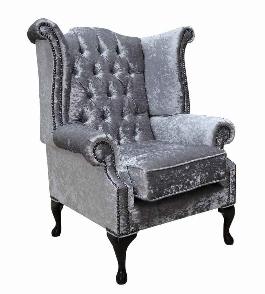 Chesterfield Queen Anne Chair Luxe Silver Velvet Comfort