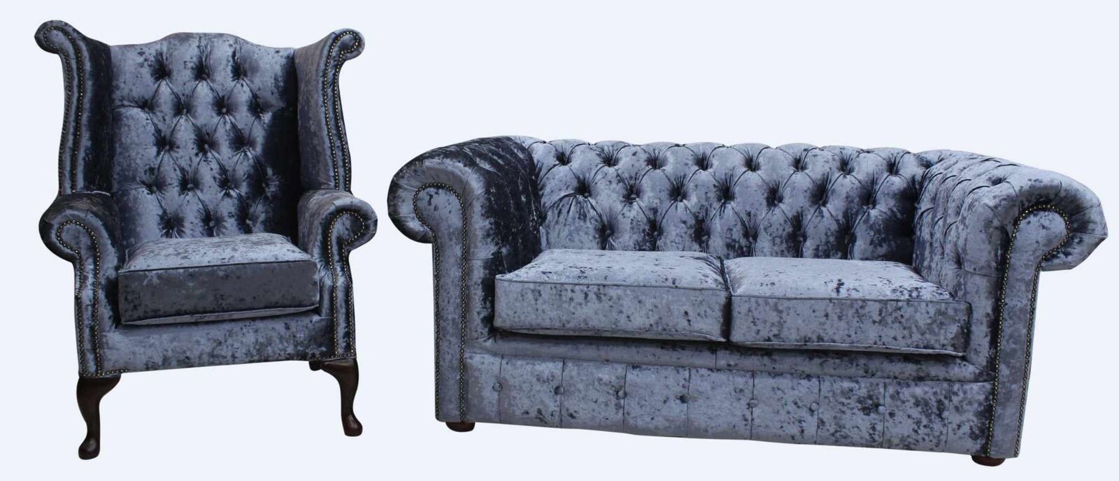Product photograph of Chesterfield 2 Seater Settee Queen Anne Armchair Senso Dusk Velvet Sofa Offer from Designer Sofas 4U