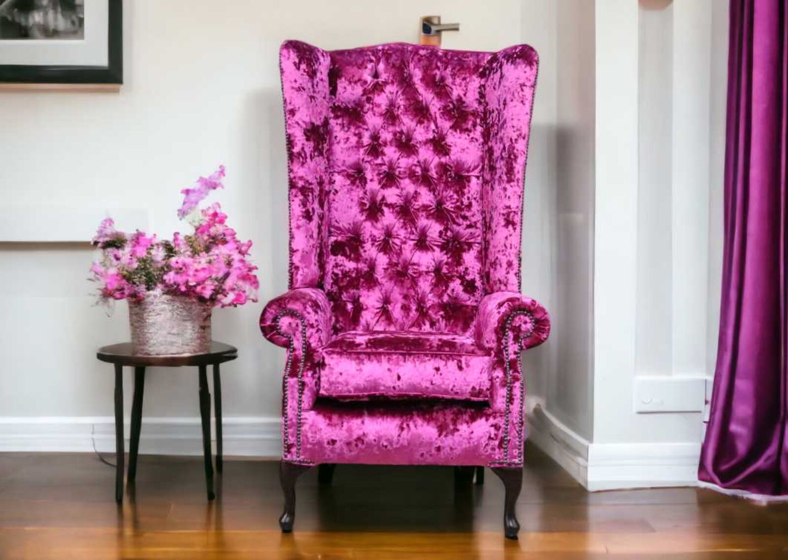 Product photograph of Chesterfield Soho 5ft Velvet High Back Wing Chair Lustro Glamour Pink from Designer Sofas 4U