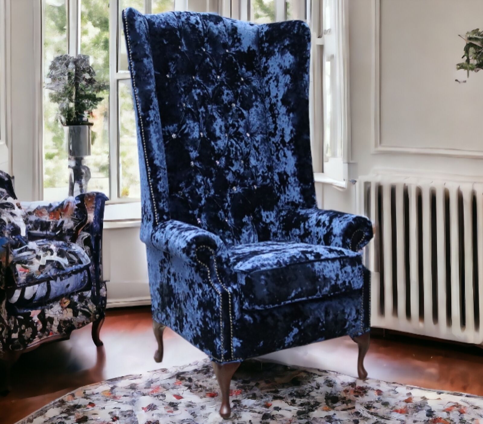 Product photograph of Chesterfield Soho 5ft Velvet High Back Wing Chair Lustro Sapphire Blue from Designer Sofas 4U