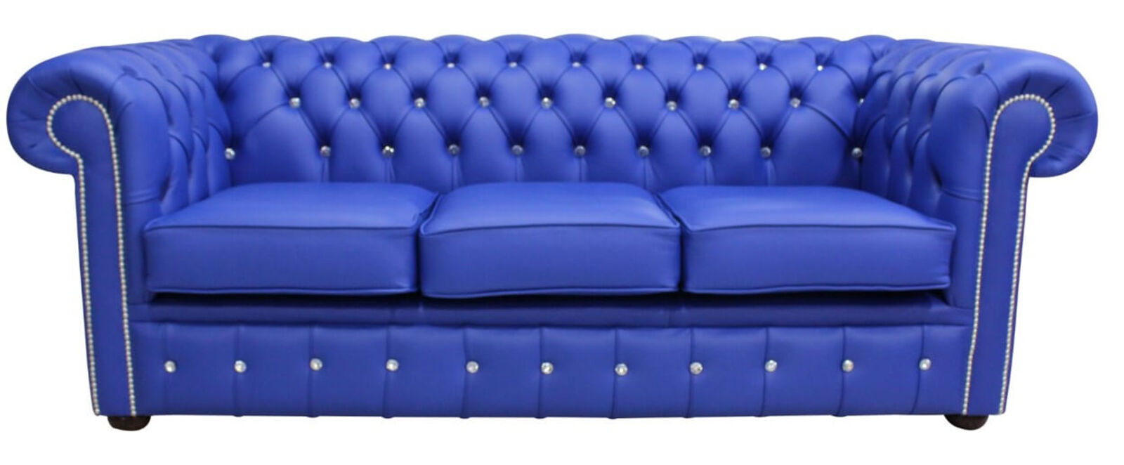 Product photograph of Chesterfield Crystal Diamond Diamante Crystal 3 Seater Deep Ultramarine Blue Leather Sofa Offer from Designer Sofas 4U