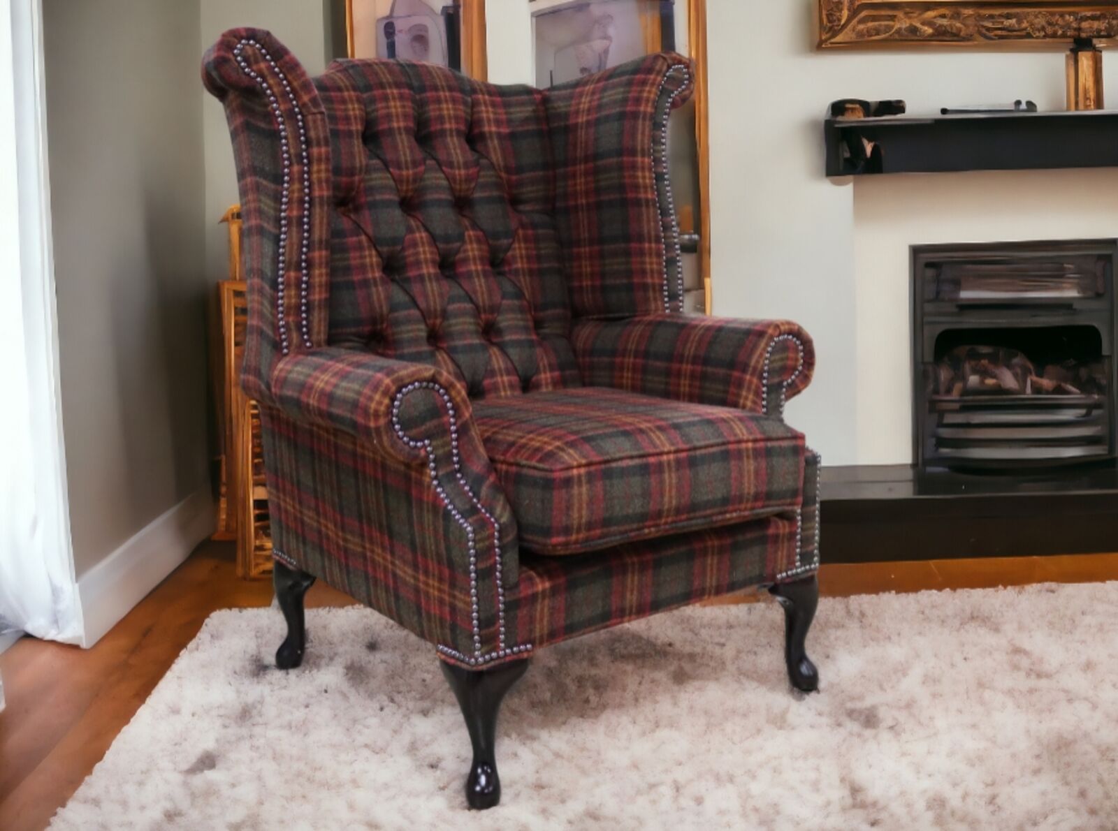 Product photograph of Chesterfield Queen Anne Wool Tweed Wing Chair Fireside High Back Armchair Sandringham Mandarin Check from Designer Sofas 4U
