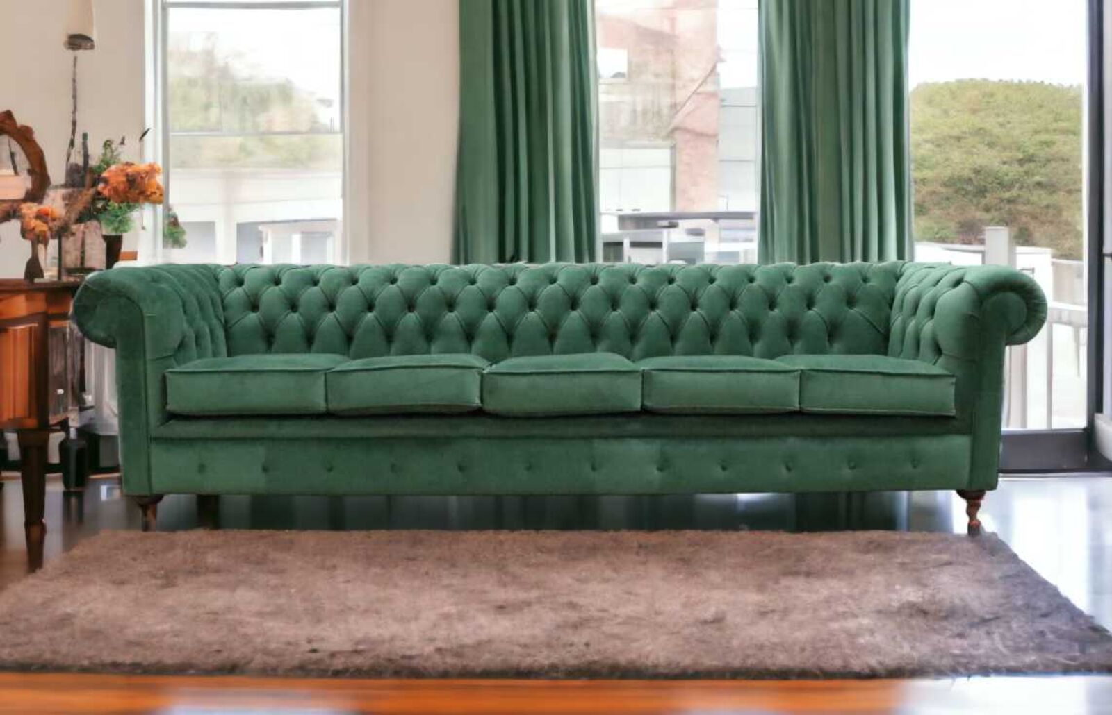 Product photograph of Chesterfield Thomas 5 Seater Settee Amalfi Forest Green Velvet Fabric Sofa Offer from Designer Sofas 4U
