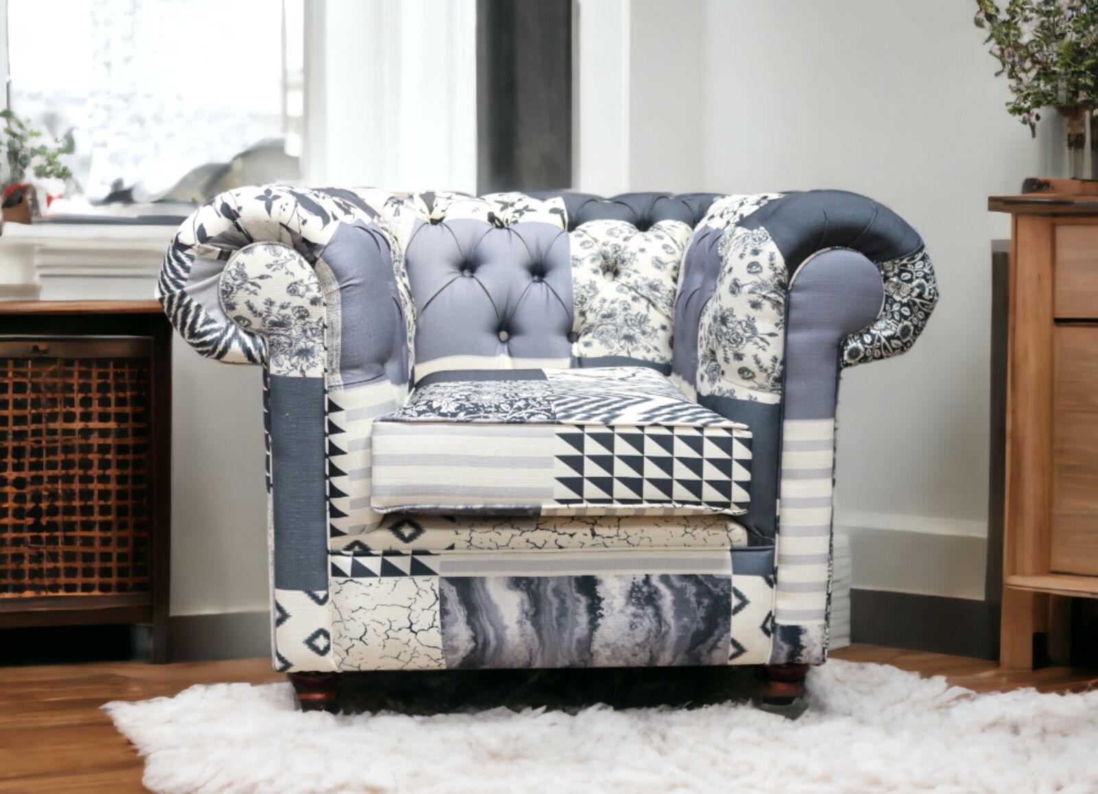 Product photograph of Chesterfield Thomas Low Back Club Chair Charles Patchwork Beige Fabric from Designer Sofas 4U