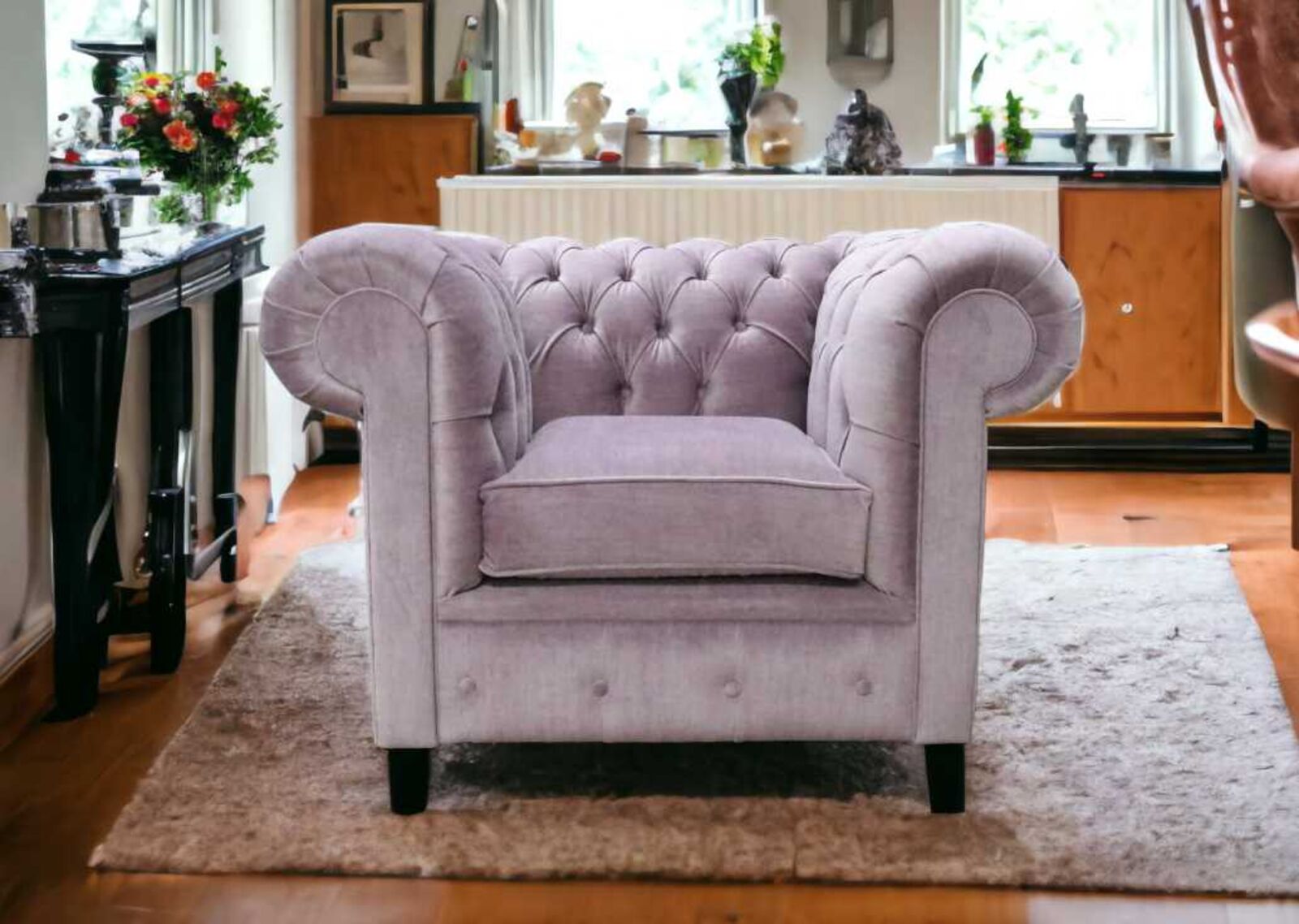 Product photograph of Chesterfield Thomas Low Back Club Chair Odyssey Lavender Velvet Fabric from Designer Sofas 4U