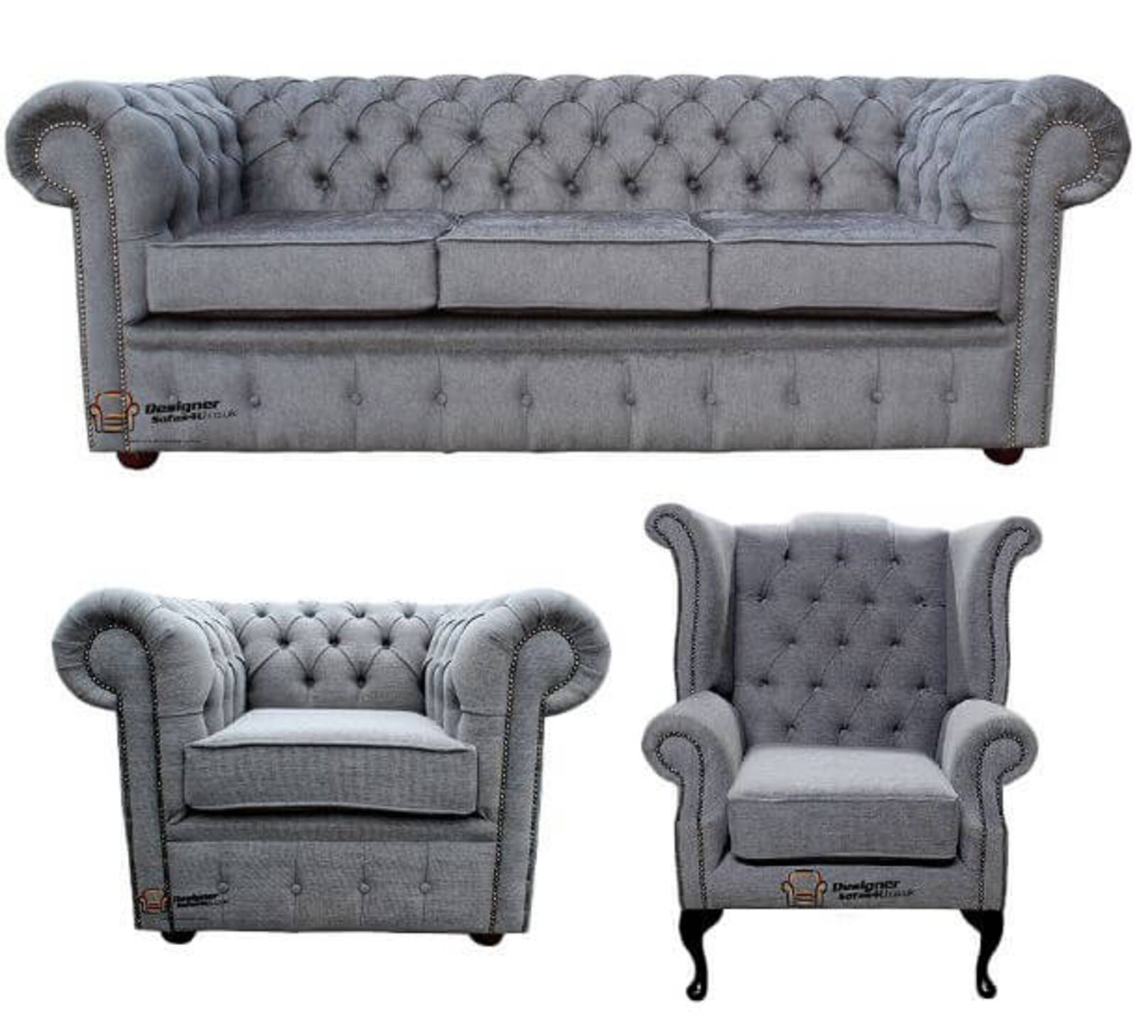 Product photograph of Chesterfield 3 Seater Queen Anne Chair Club Chair Verity Steel Fabric Sofa Offer from Designer Sofas 4U