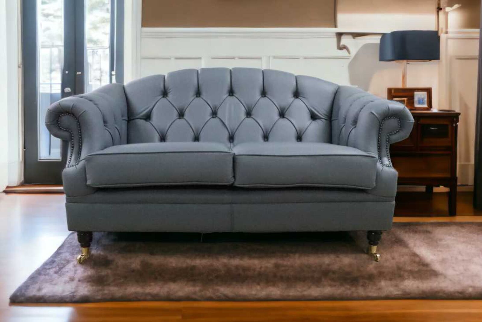 Product photograph of Chesterfield Victoria 2 Seater Leather Sofa Settee Piping Grey Leather from Designer Sofas 4U