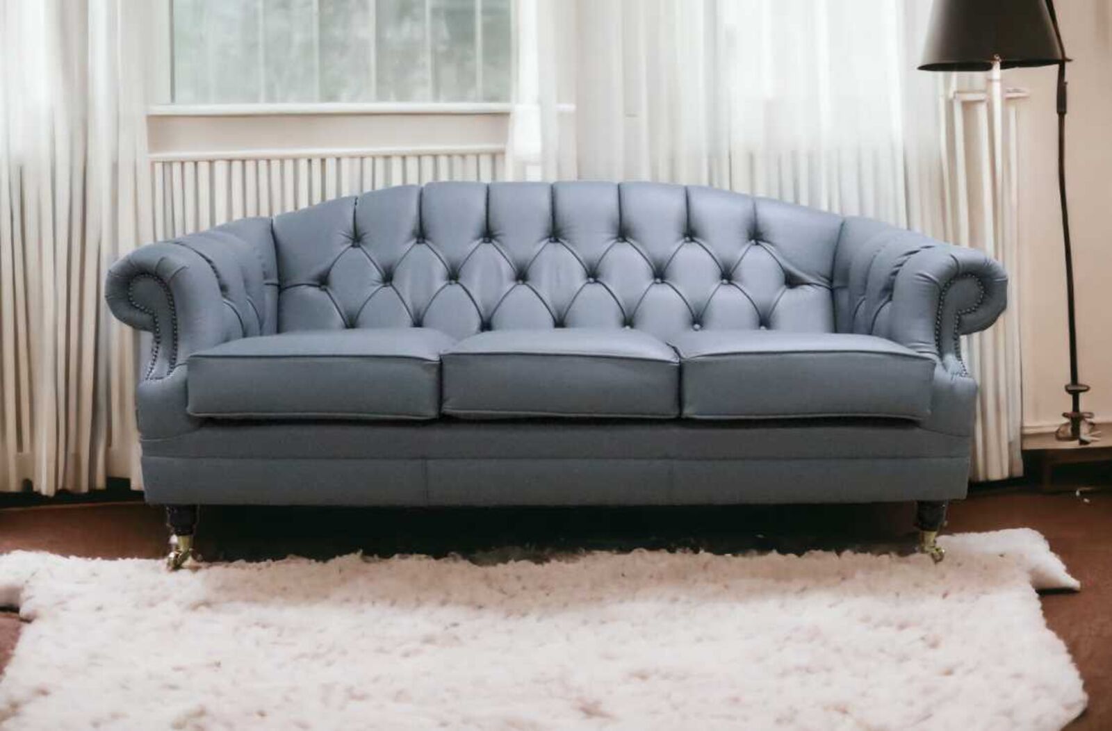 Product photograph of Chesterfield Victoria 3 Seater Leather Sofa Settee Shelly Piping Grey Leather from Designer Sofas 4U