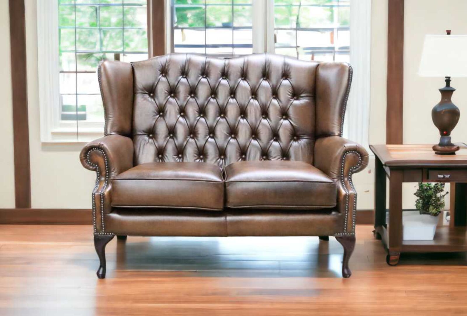 Product photograph of Chesterfield 2 Seater Bloomsbury Queen Anne High Back Wing Sofa Antique Tan Leather from Designer Sofas 4U