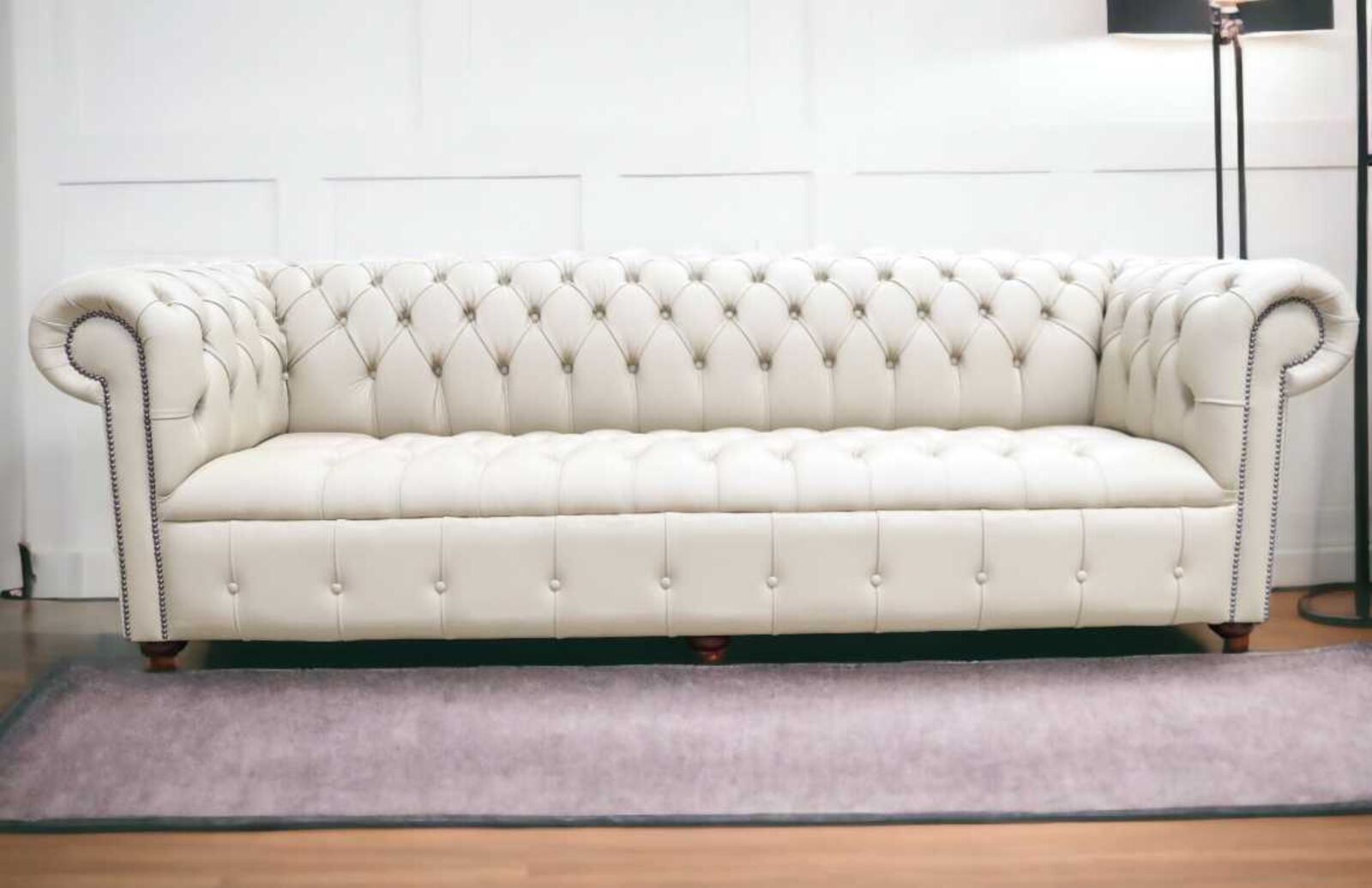 Product photograph of Chesterfield Edwardian 4 Seater Settee Buttoned Seat Shelly Dark Beige Leather Sofa Offer from Designer Sofas 4U