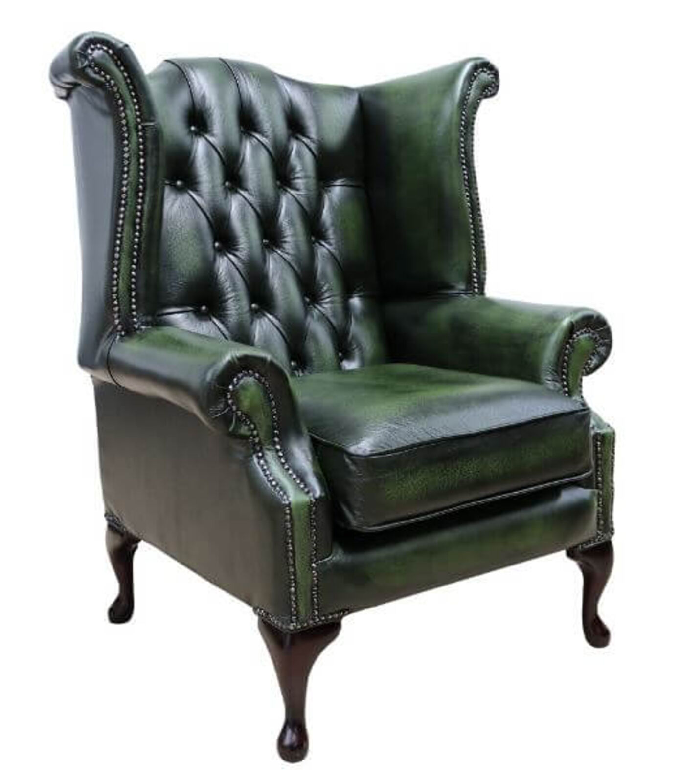 Product photograph of Rub Off Georgian Antique Green Leather Chesterfield Queen Anne Wing Chair Designersofas4u from Designer Sofas 4U