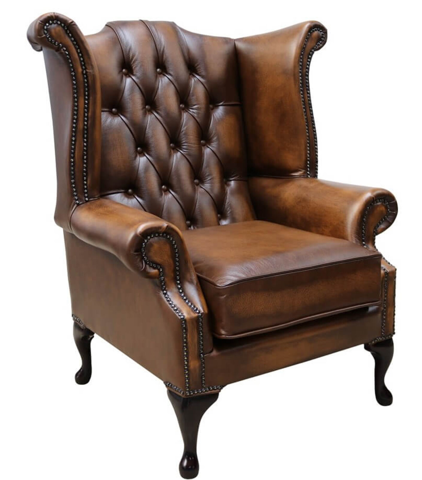 Product photograph of Chesterfield Georgian Queen Anne Wing Chair Antique Tan Leather from Designer Sofas 4U