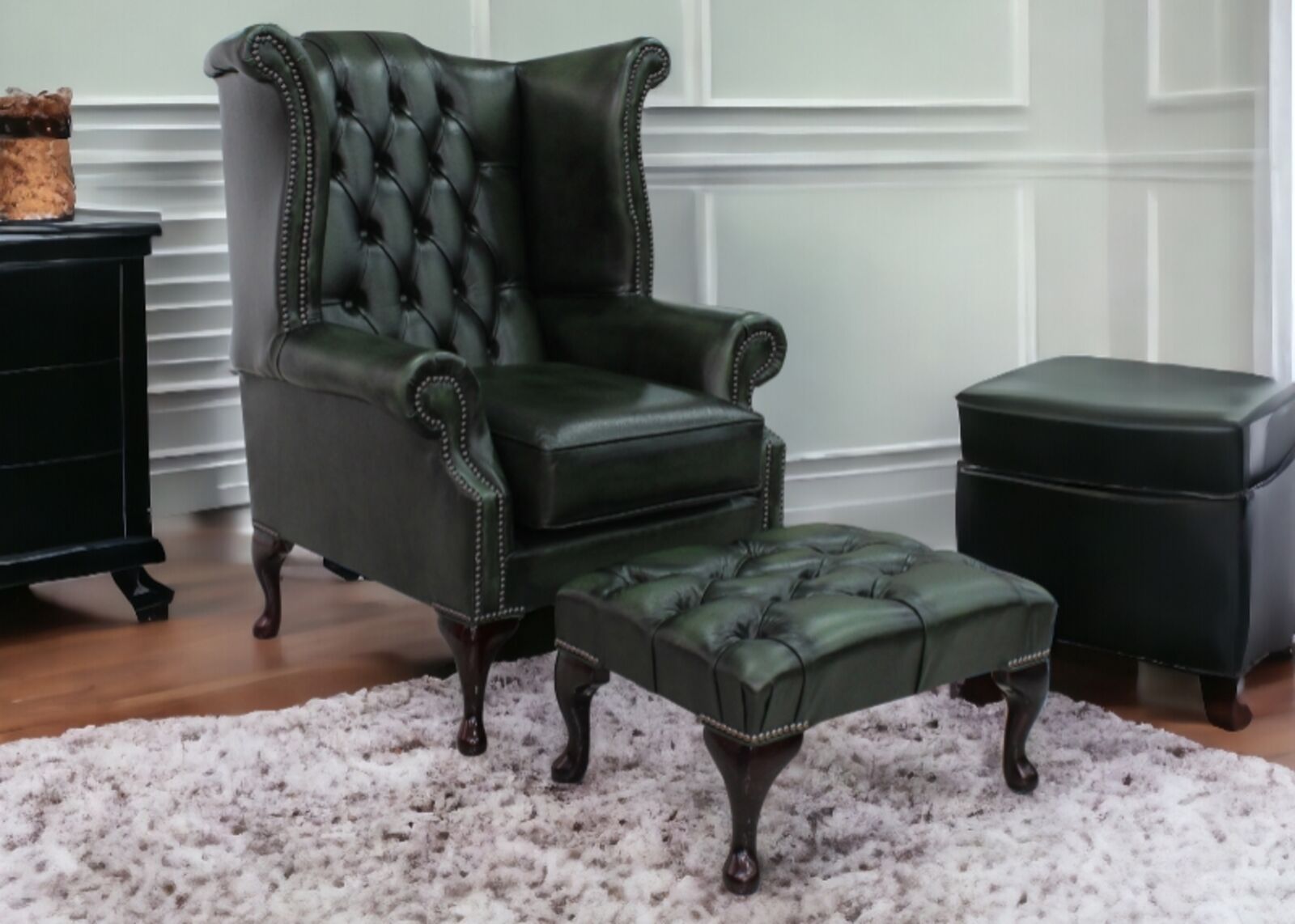 Product photograph of Chesterfield Offer Queen Anne High Back Wing Chair Antique Green Leather Footstool from Designer Sofas 4U