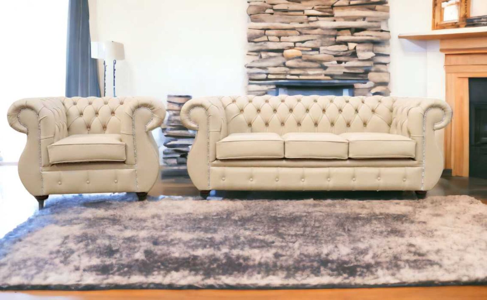 Product photograph of Chesterfield Kimberley 3 1 Seater Shelly Stone Leather Sofa Suite from Designer Sofas 4U