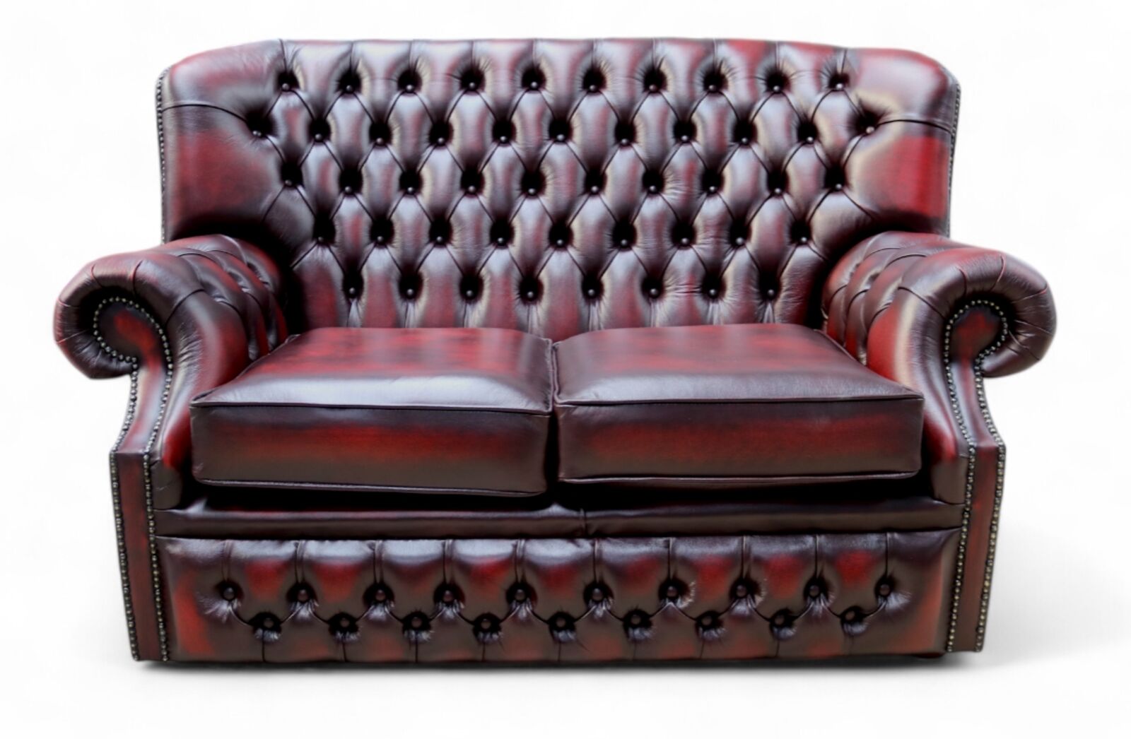 Product photograph of Monks Chesterfield 2 Seater Antique Oxblood Leather Sofa Offer from Designer Sofas 4U