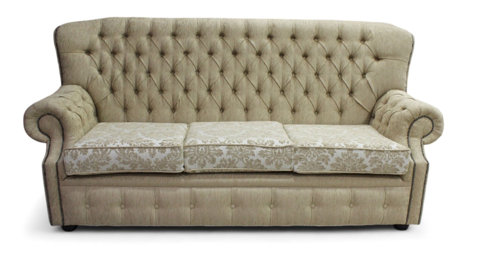 Product photograph of Monks Chesterfield 3 Seater Cadiz Mink Fabric Sofa Offer from Designer Sofas 4U