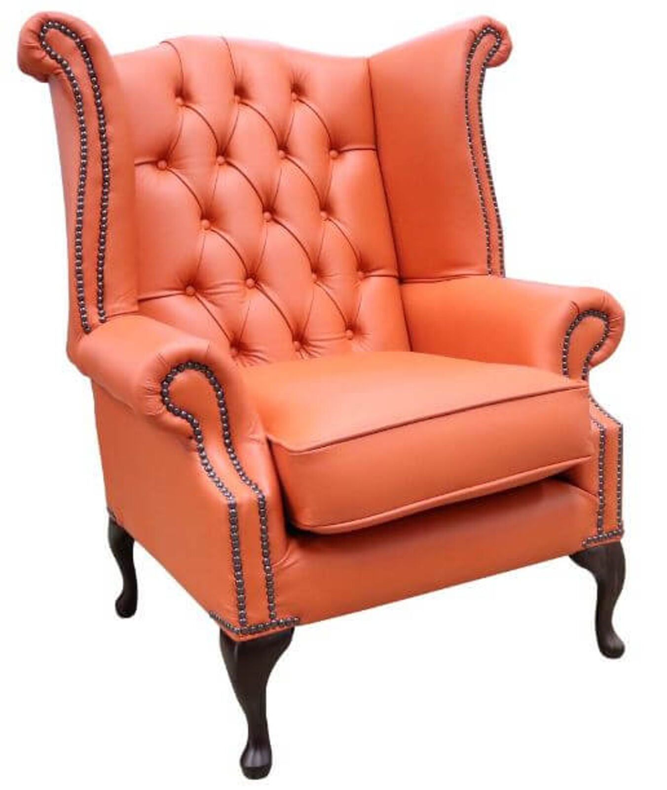 Product photograph of Orange Leather Chesterfield Queen Anne High Back Wing Chair Designersofas4u from Designer Sofas 4U