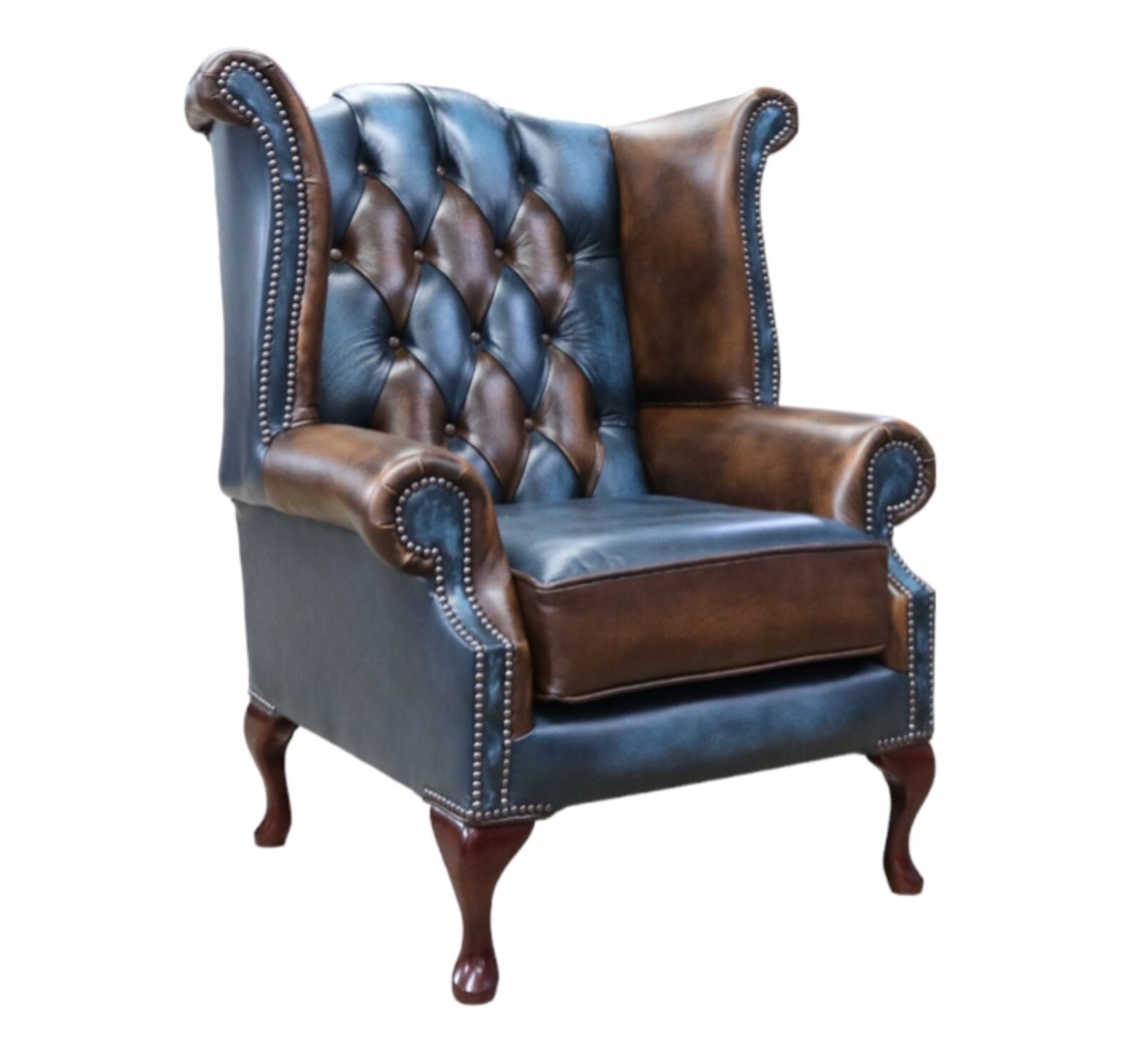 Product photograph of Chesterfield Patchwork Heritage Queen Anne Wing Chair Antique Blue Amp Tan Leather from Designer Sofas 4U