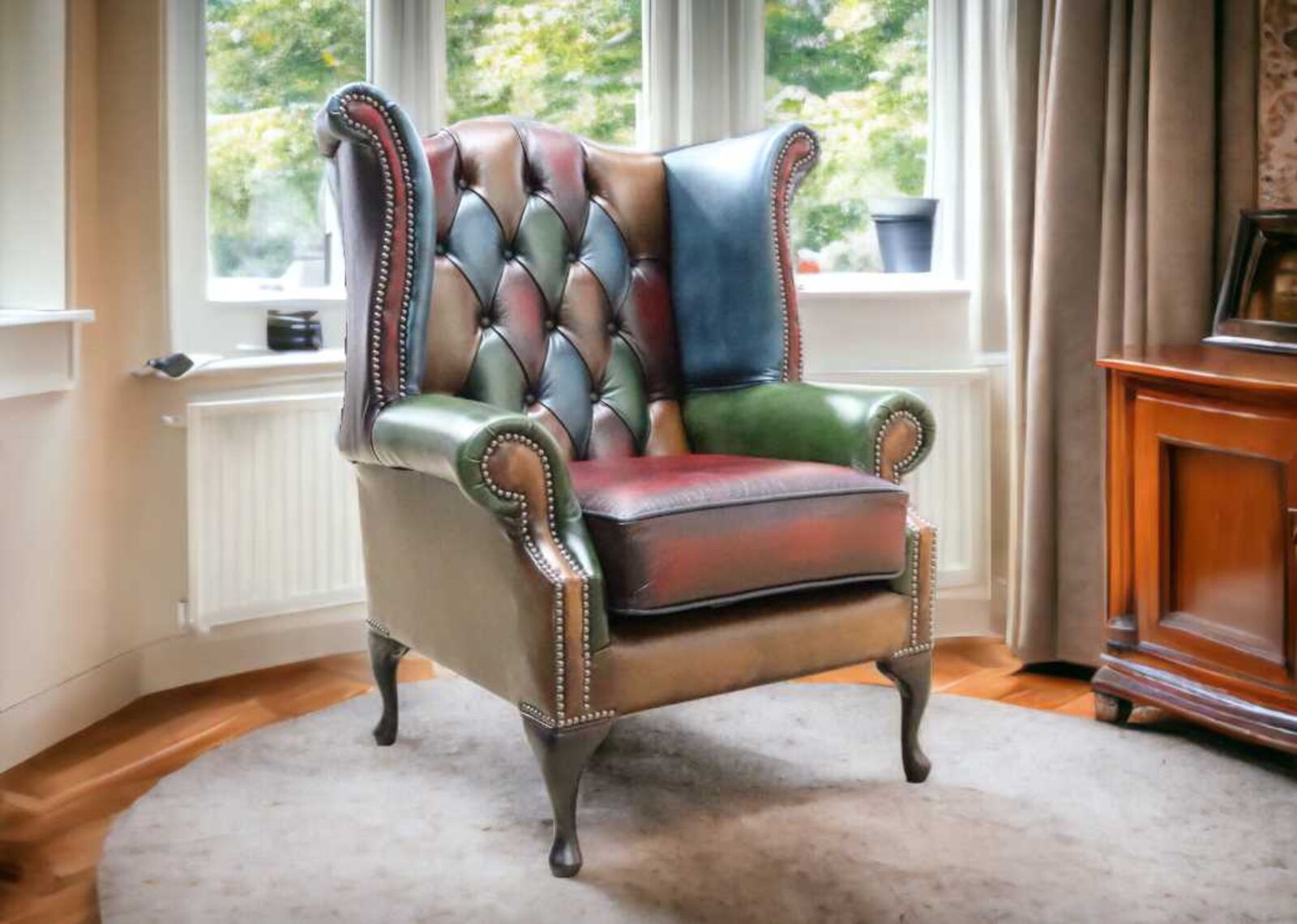 Product photograph of Chesterfield Patchwork Queen Anne Wing Chair Antique Real Leather from Designer Sofas 4U