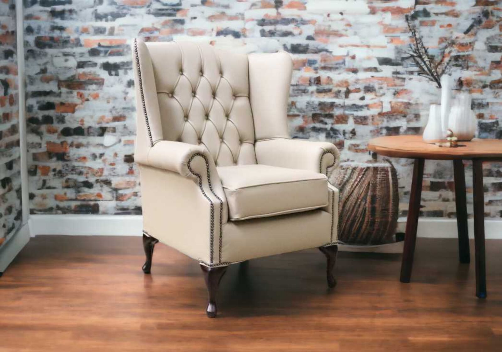 Product photograph of Chesterfield Prince S Mallory Flat Wing Pebble Queen Anne High Back Wing Chair Leather from Designer Sofas 4U