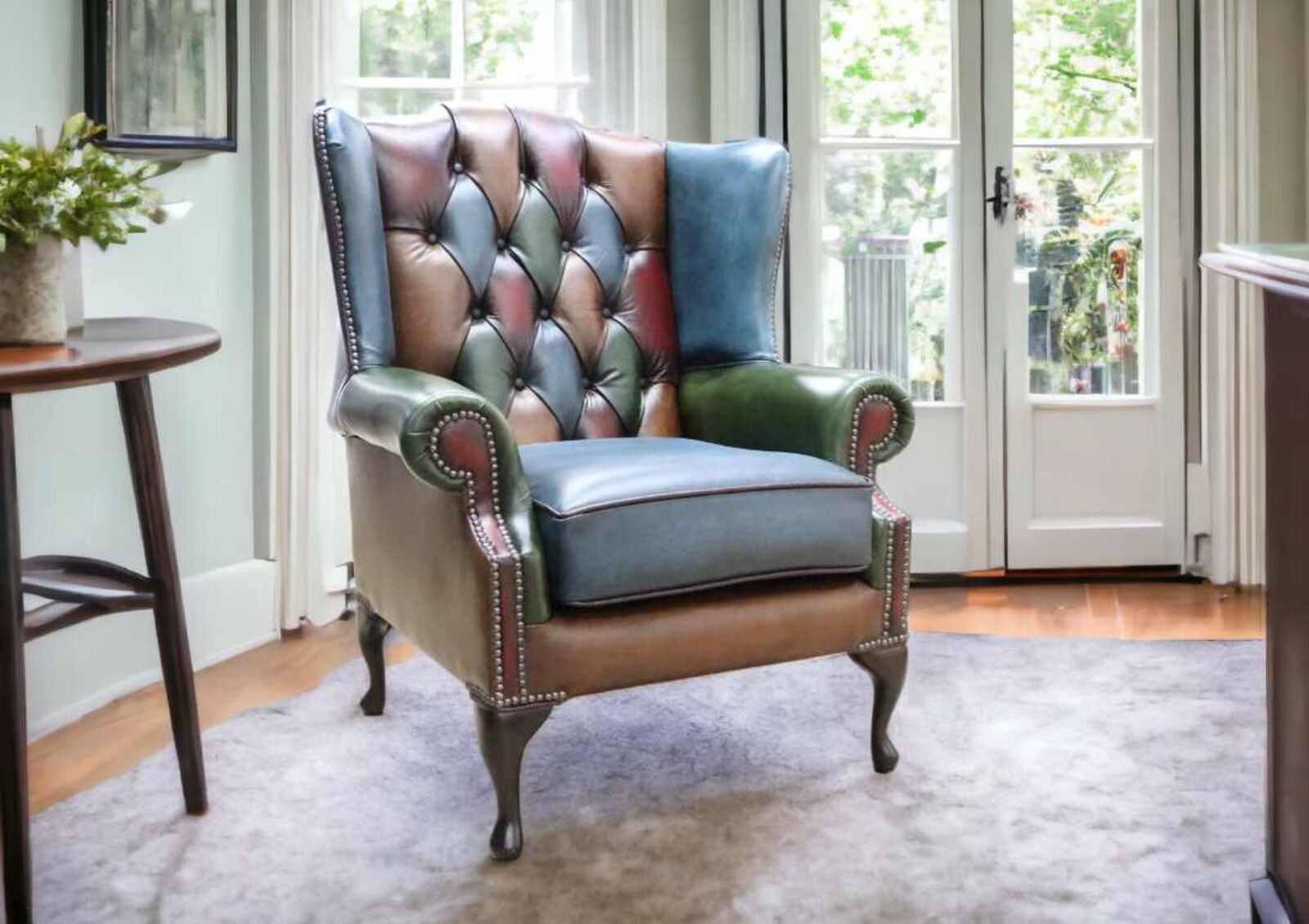Product photograph of Chesterfield Bloomsbury Patchwork Queen Anne Wing Chair Antique Real Leather from Designer Sofas 4U