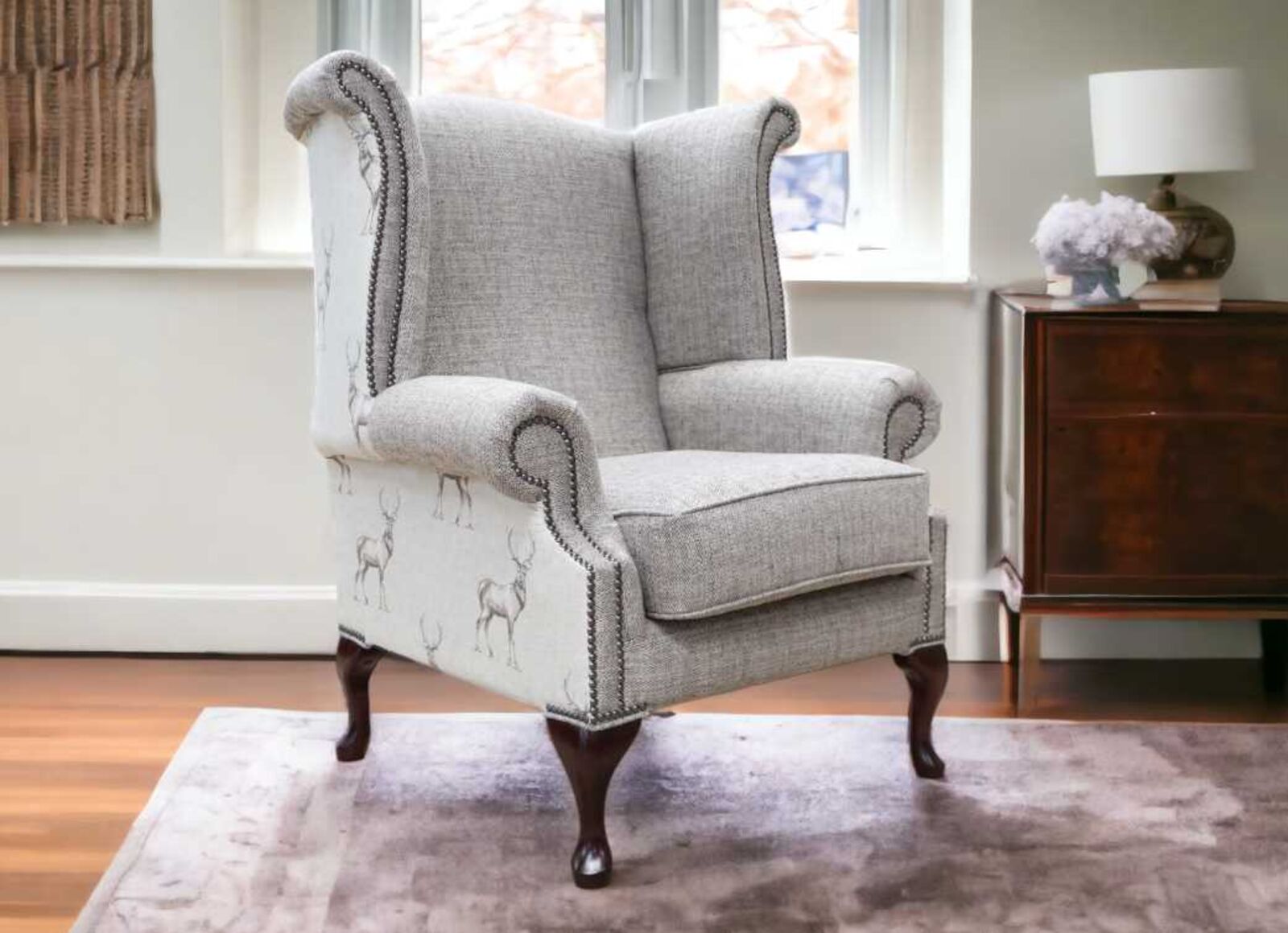 Product photograph of Chesterfield Queen Anne High Back Wing Chair Glencoe Natural Stag Fabric from Designer Sofas 4U