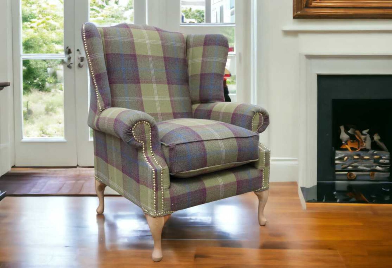 Product photograph of Chesterfield Saxon Mallory High Back Wing Chair Balmoral Pistachio Check P Amp S Fabric from Designer Sofas 4U