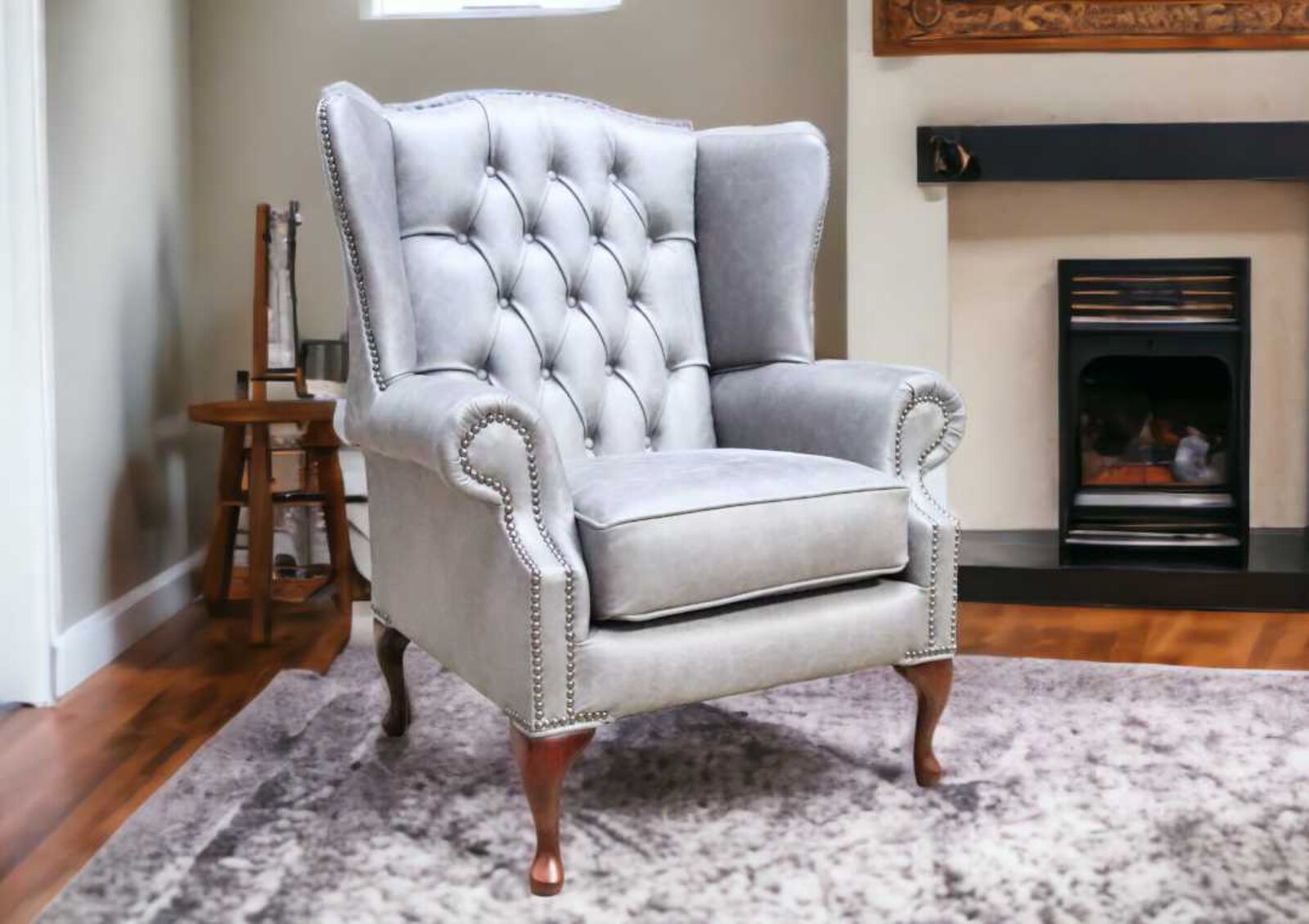 Product photograph of Chesterfield Mallory Queen Anne High Back Wing Chair Cracked Wax Ash Grey Leather from Designer Sofas 4U