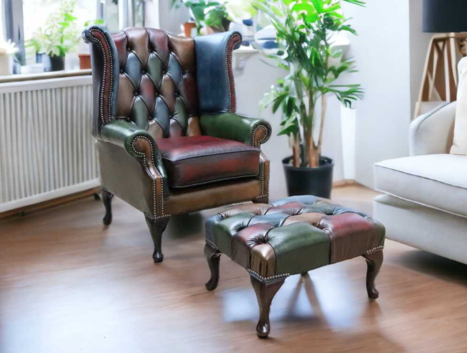 Product photograph of Chesterfield Patchwork Queen Anne Wing Chair Antique Real Leather Footstool from Designer Sofas 4U