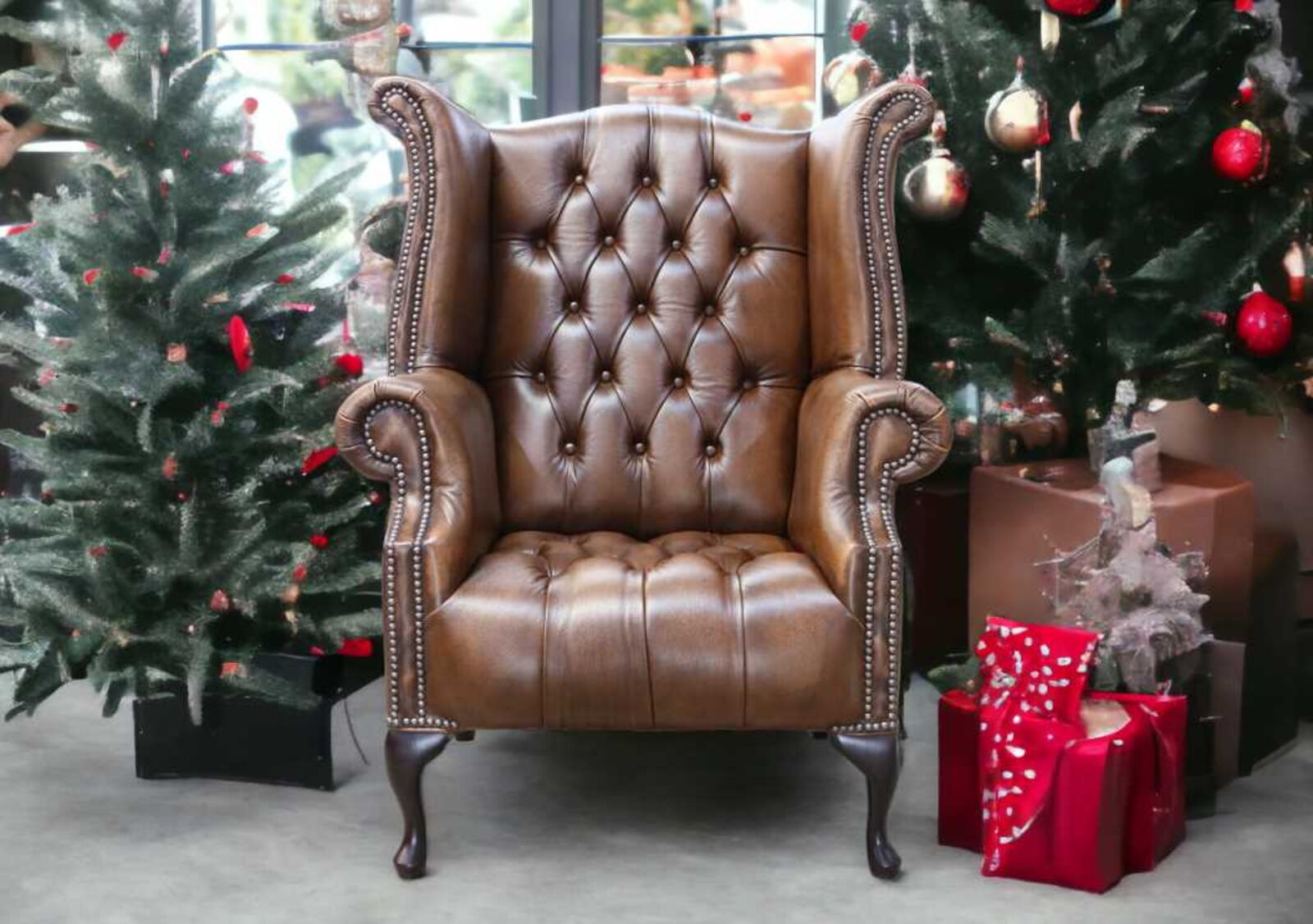 Product photograph of Chesterfield Georgian Buttoned Seat Queen Anne Wing Chair Antique Tan Leather from Designer Sofas 4U