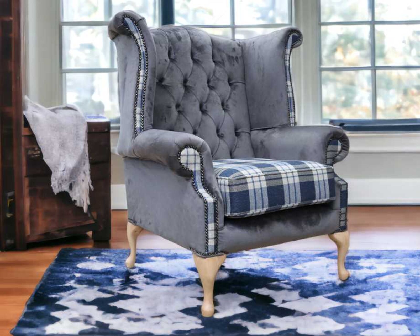 Product photograph of Chesterfield Queen Anne Wing Chair High Back Armchair Kintyre Indigo Check And Grey Velvet Fabric from Designer Sofas 4U