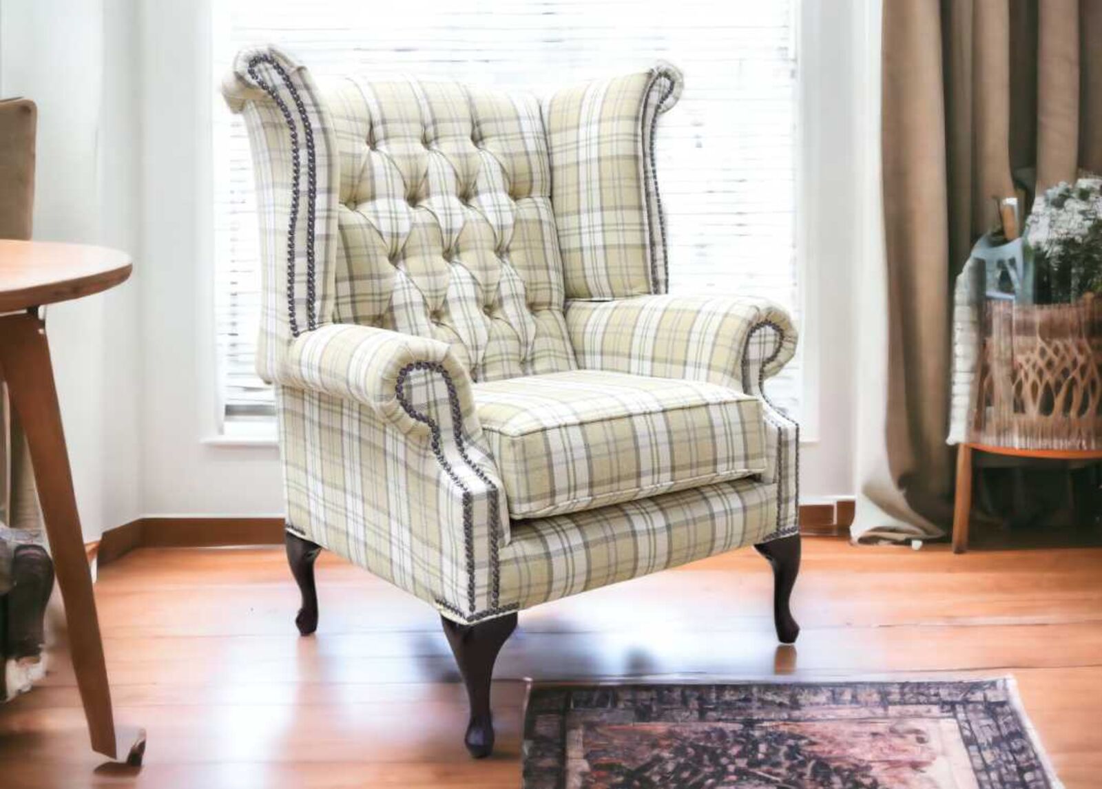 Product photograph of Chesterfield Queen Anne Wing Chair High Back Armchair Piazza Check Green Fabric from Designer Sofas 4U