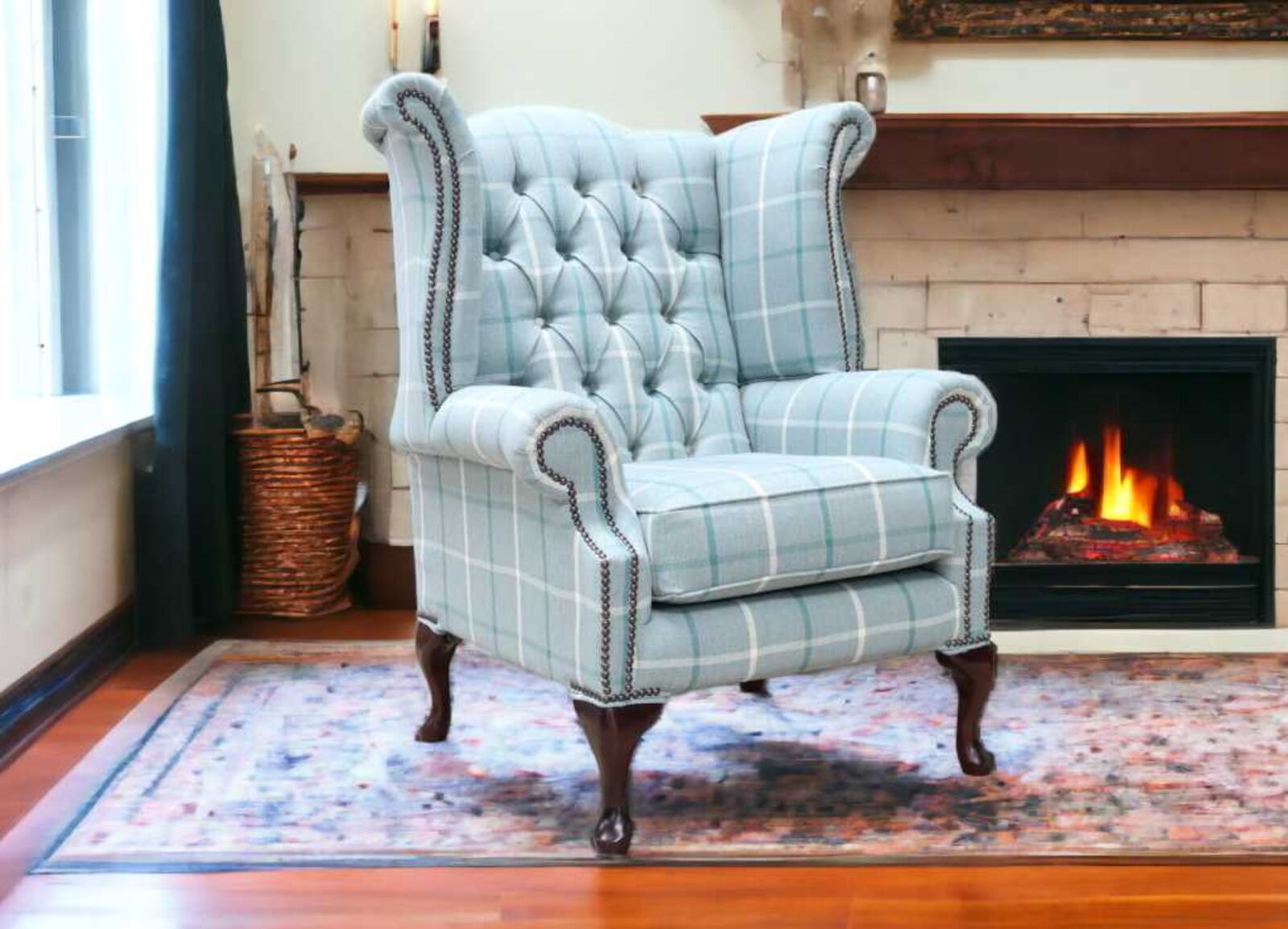 Product photograph of Chesterfield Queen Anne Wing Chair High Back Armchair Piazza Square Check Aqua Fabric from Designer Sofas 4U